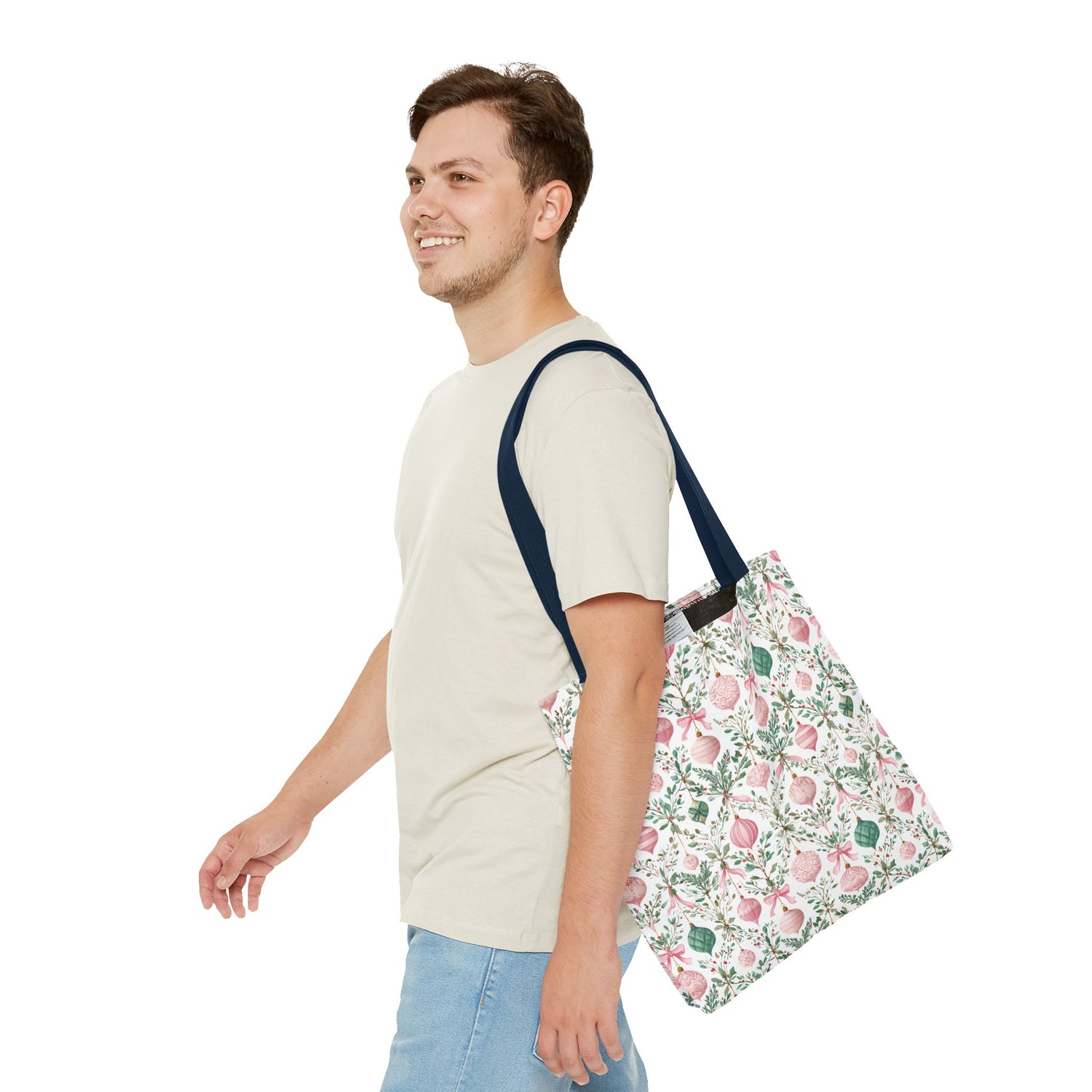 Festive Holiday Tote Bag- Pink Green Ornaments