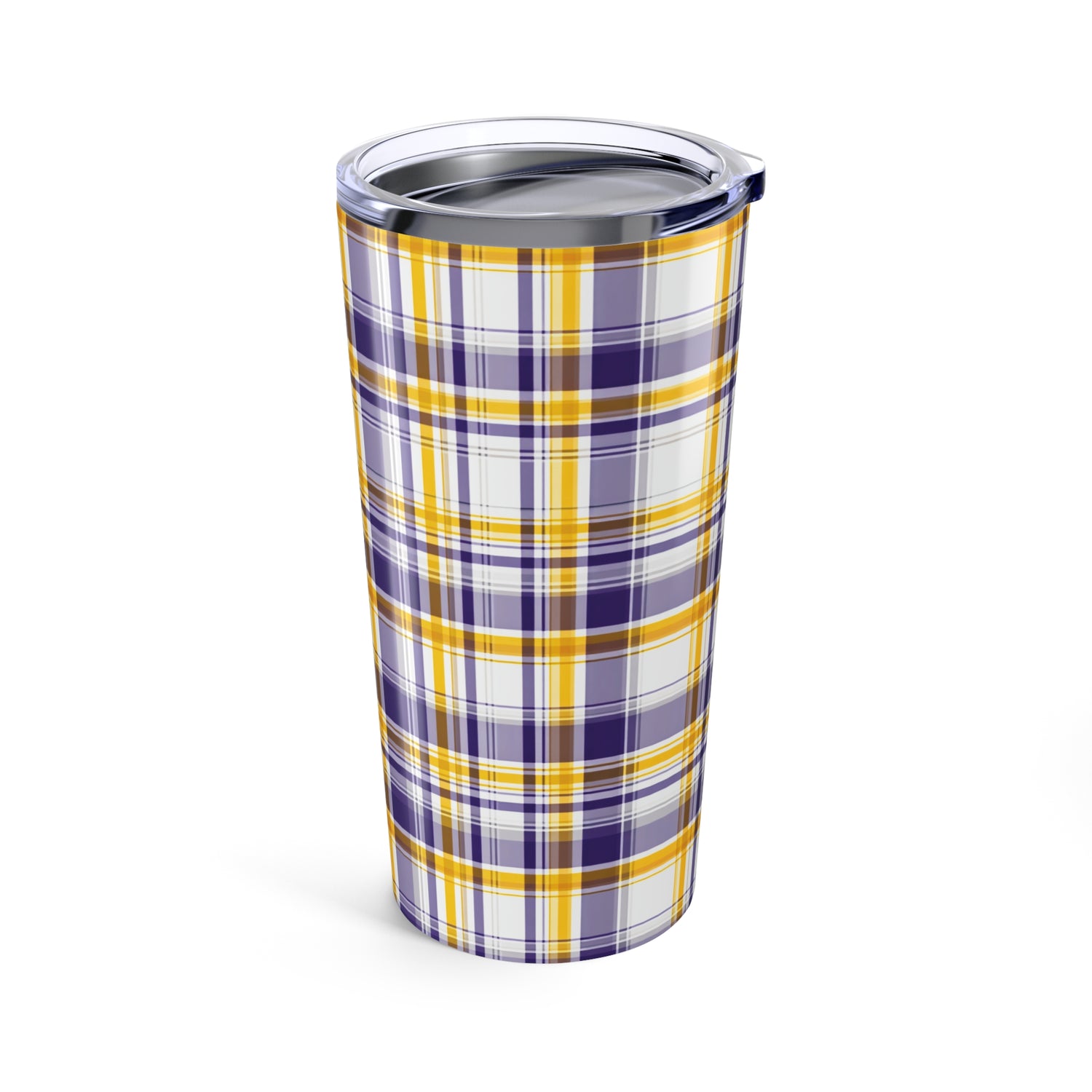 Tumbler with purple and yellow plaid pattern on a white background