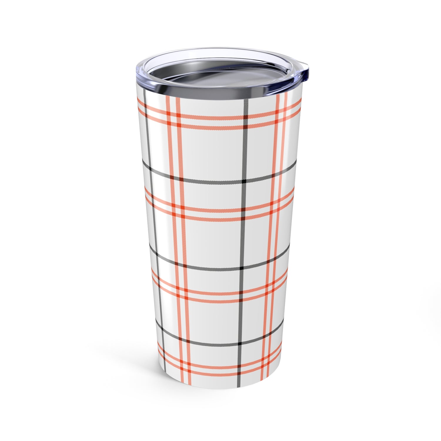 Plaid-patterned tumbler with a clear lid on a white background