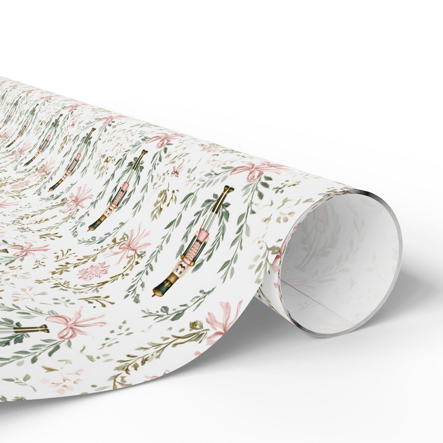 Roll of floral and nutcracker patterned paper on a white background