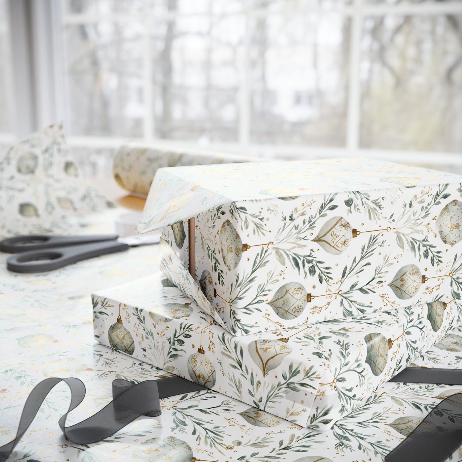 Premium Wrapping Paper – Green Gold Ornaments