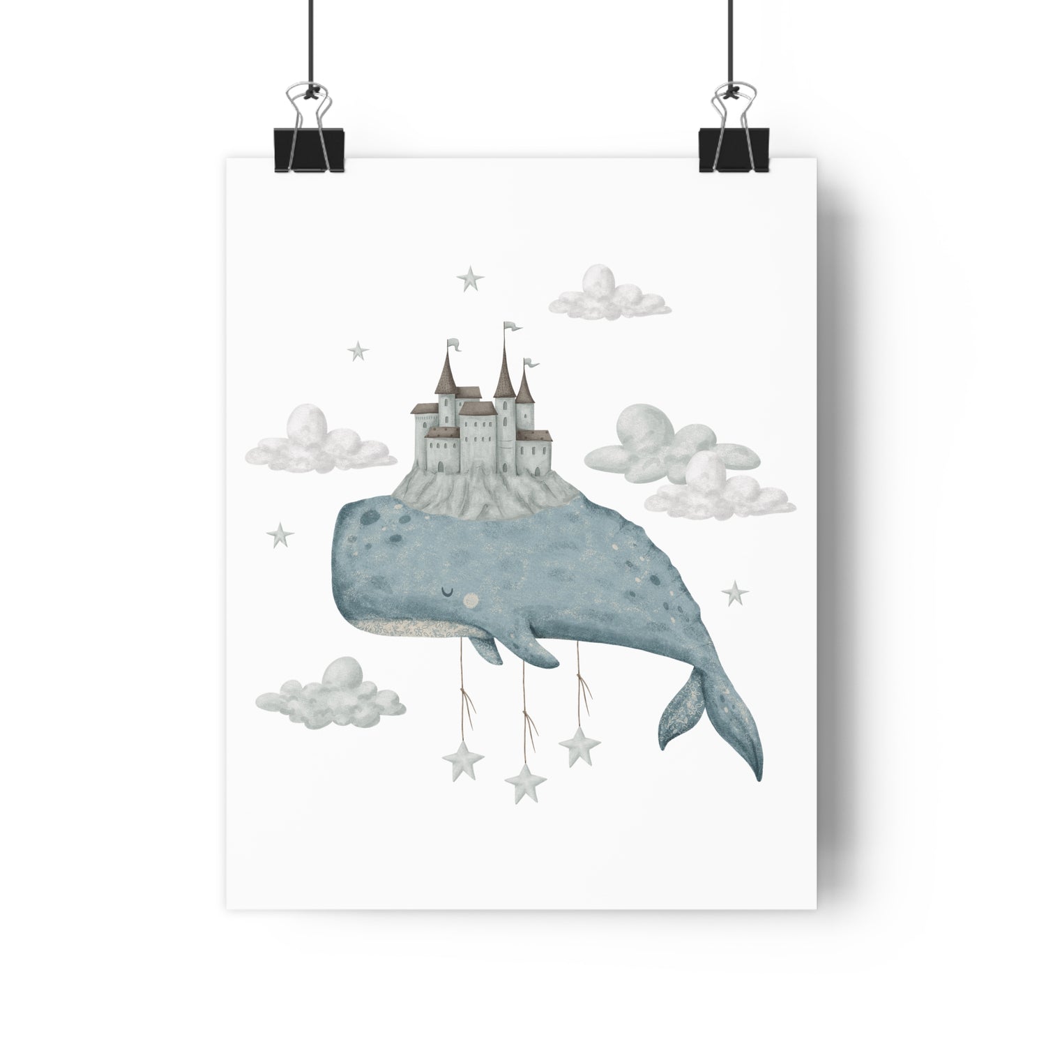 Giclée Art Print Watercolor Whales and Castles Blue Gray