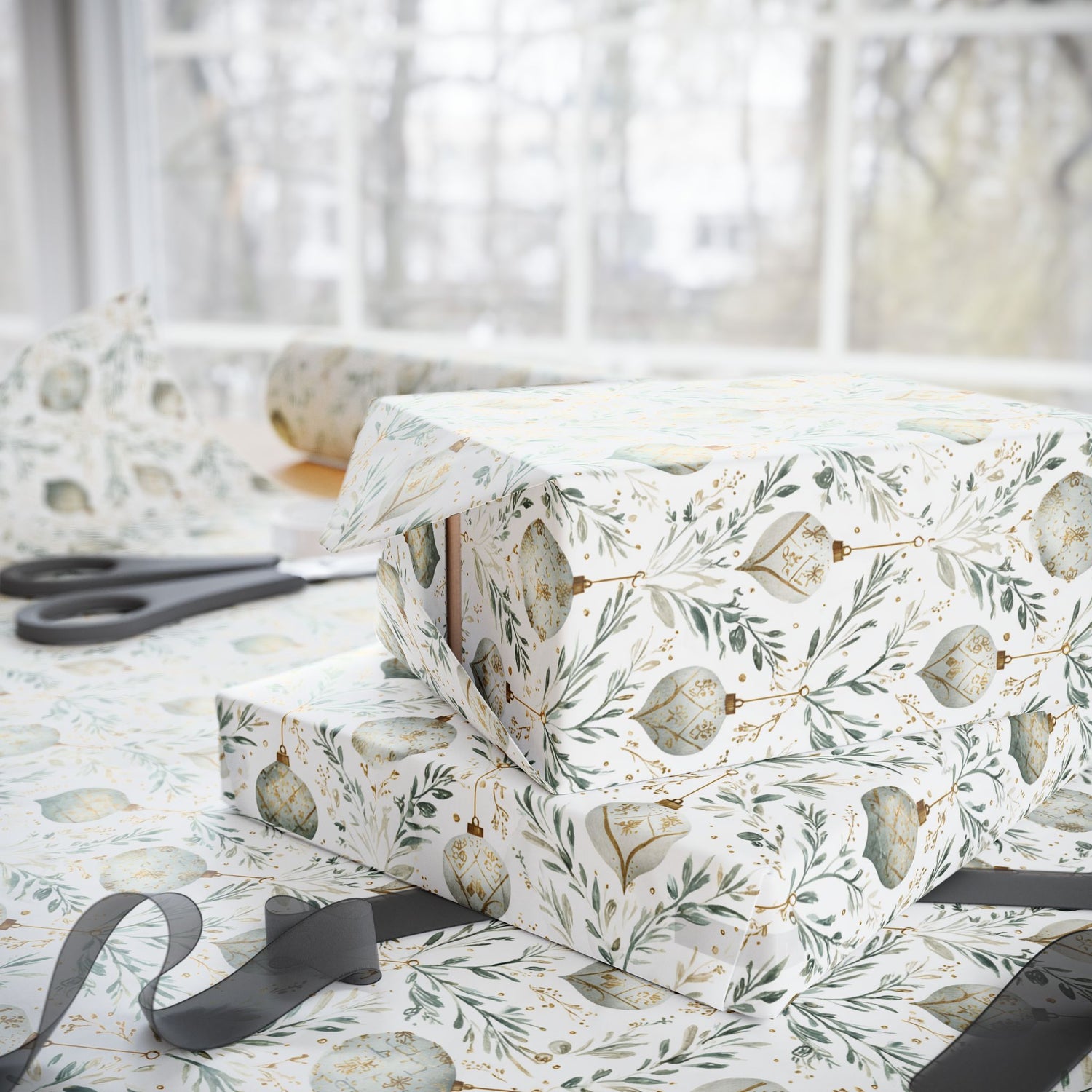 Premium Wrapping Paper – Green Gold Ornaments