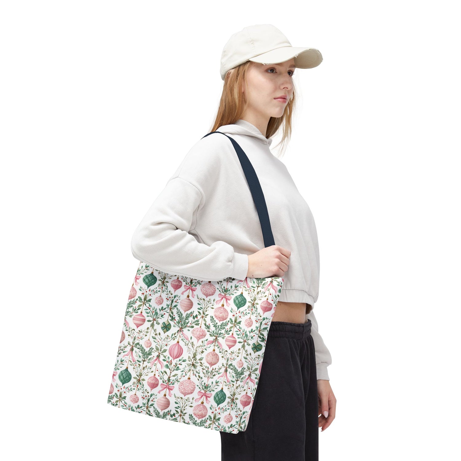 Festive Holiday Tote Bag- Pink Green Ornaments