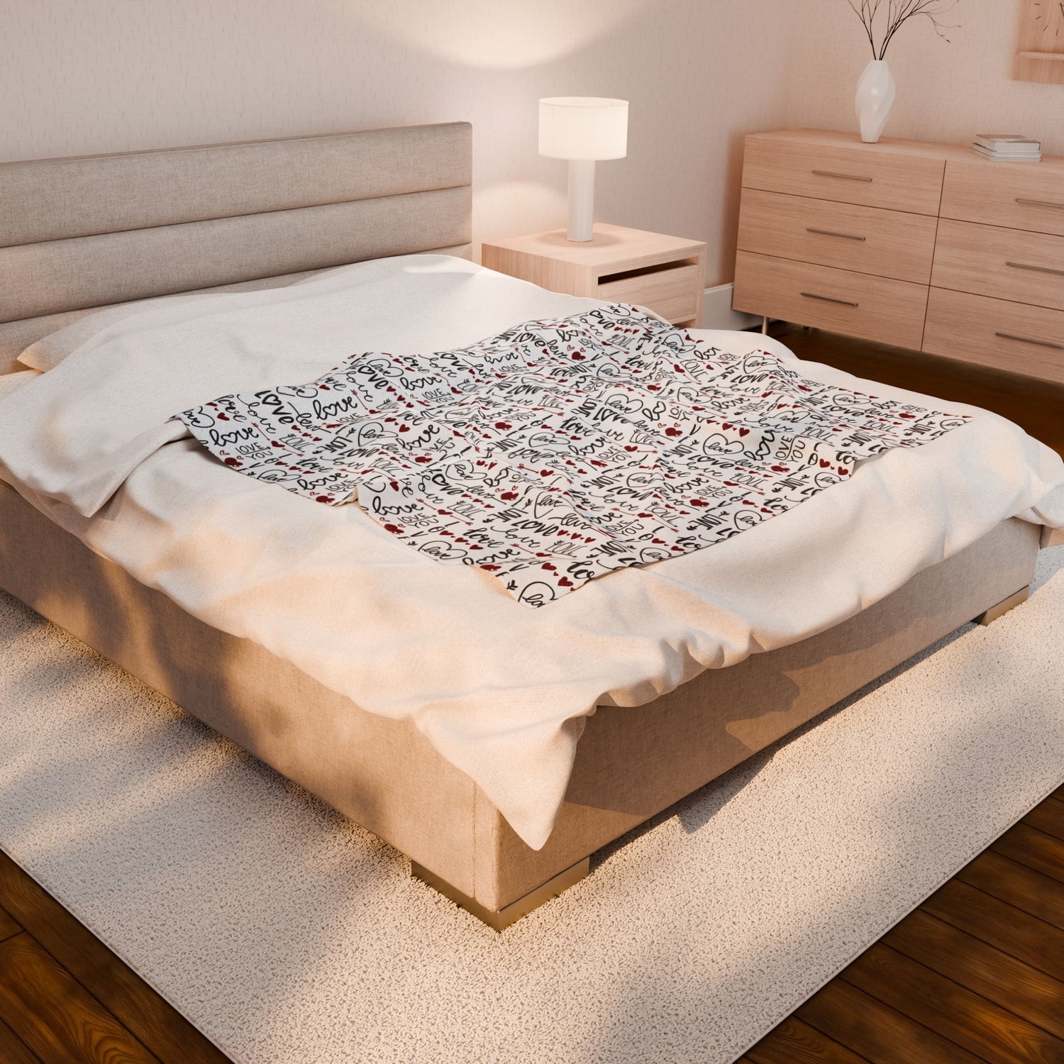 Cozy Love Print Velveteen Blanket - Valentine's Day Gift, Soft Luxury, Home Decor, Bedspread, Snuggle Throw