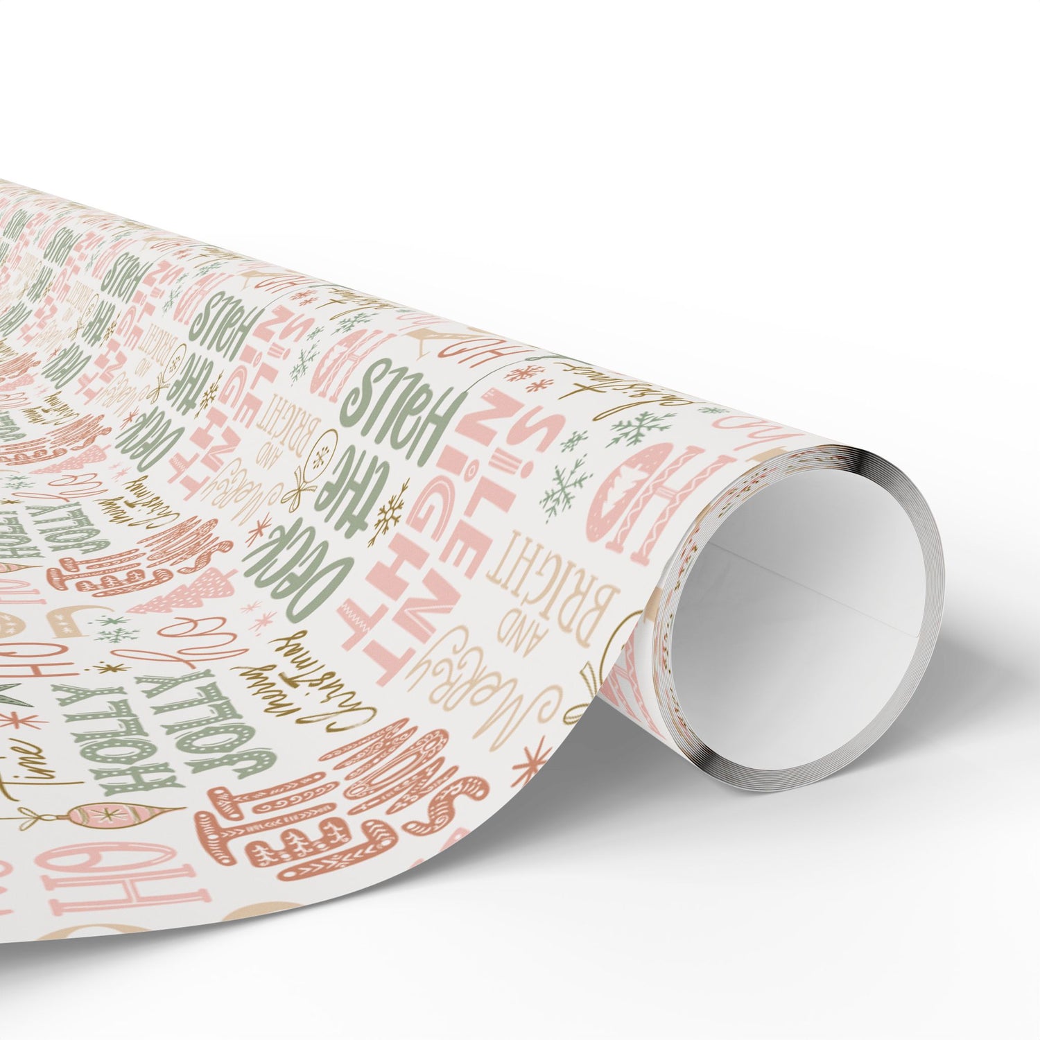 Roll of paper with colorful text pattern on a white background