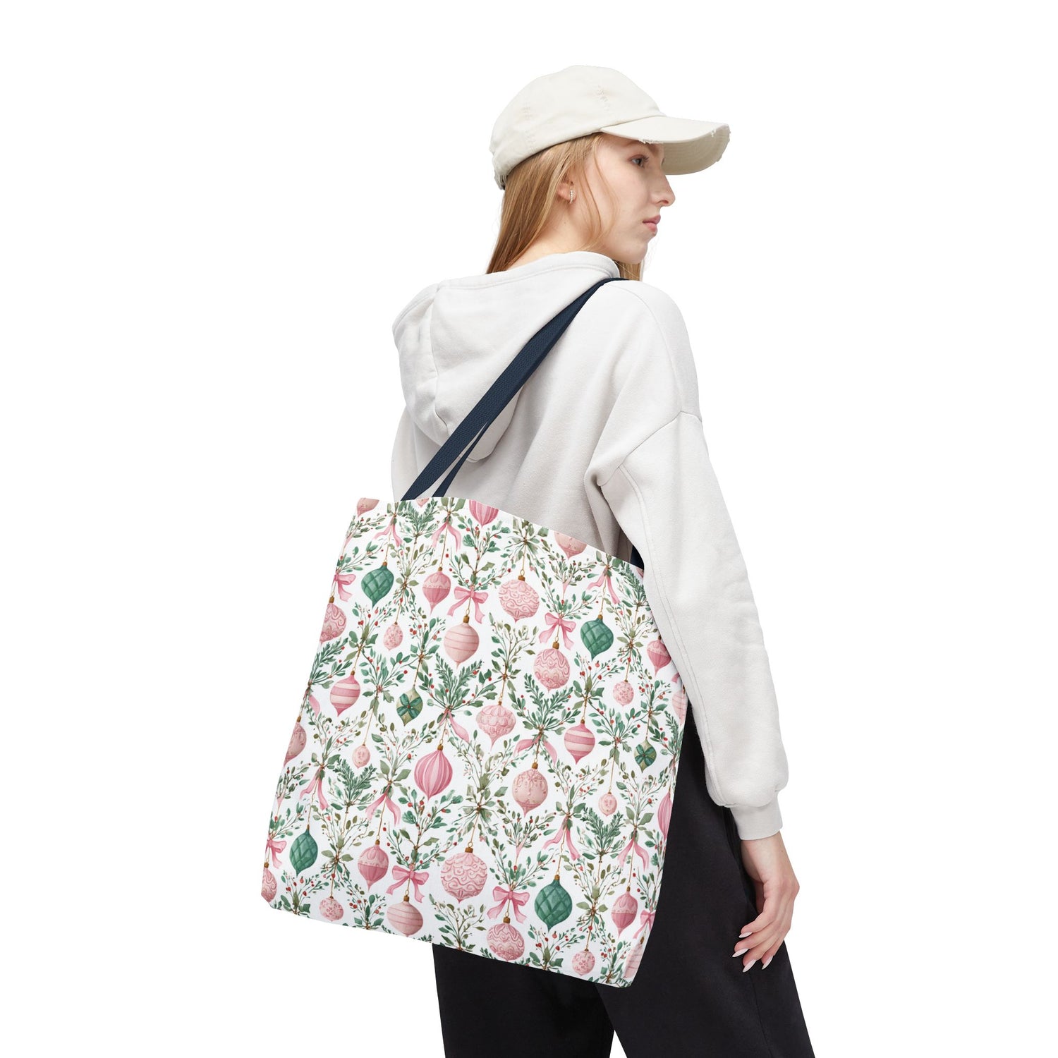 Festive Holiday Tote Bag- Pink Green Ornaments