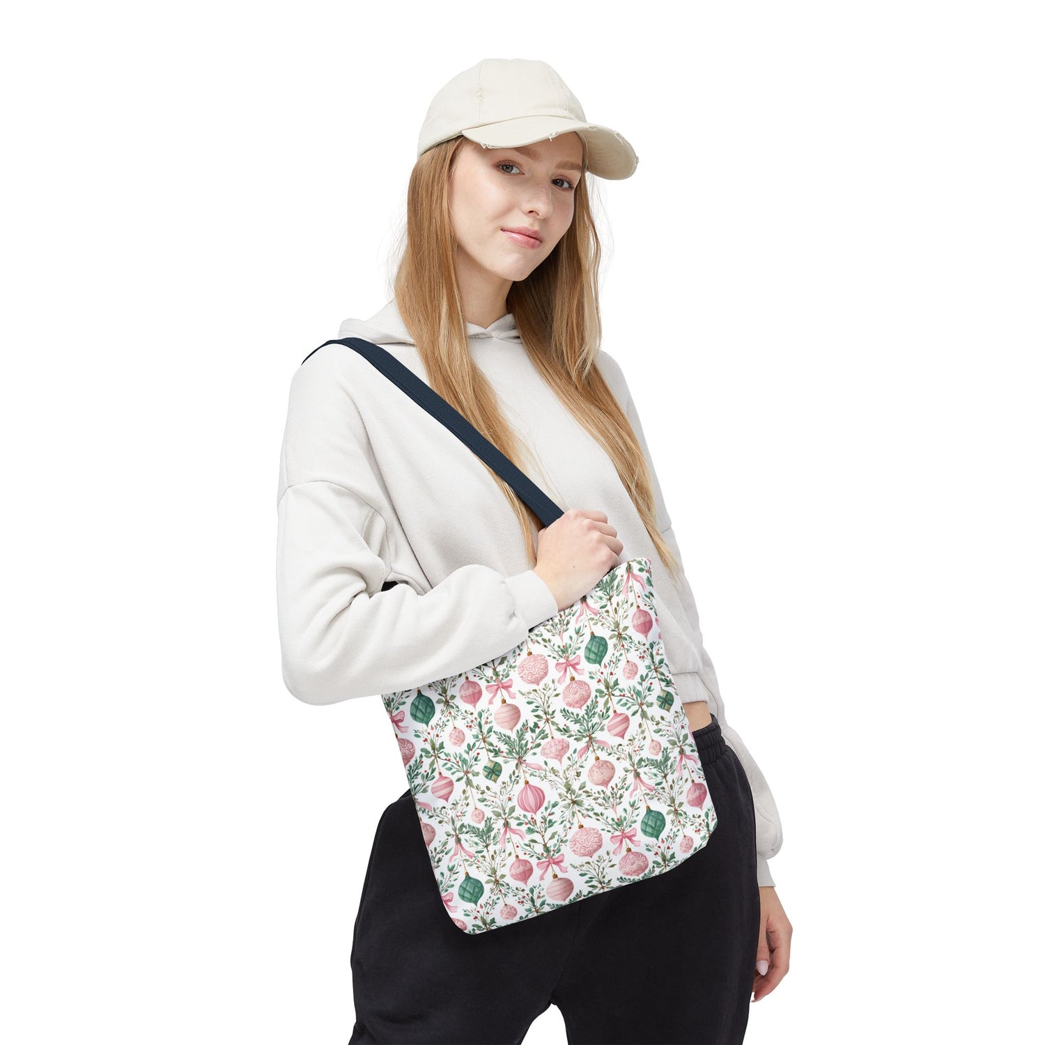 Festive Holiday Tote Bag- Pink Green Ornaments
