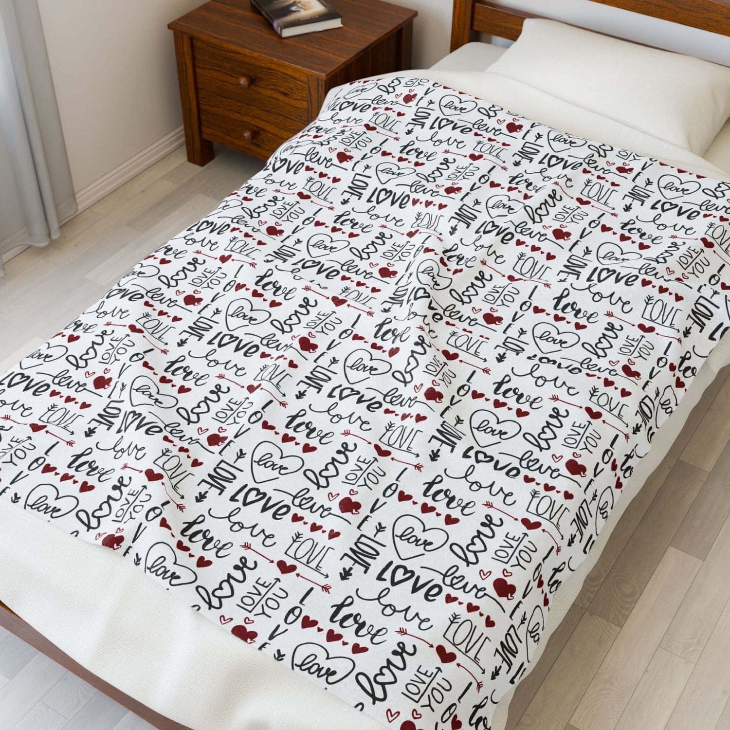 Cozy Love Print Velveteen Blanket - Valentine's Day Gift, Soft Luxury, Home Decor, Bedspread, Snuggle Throw