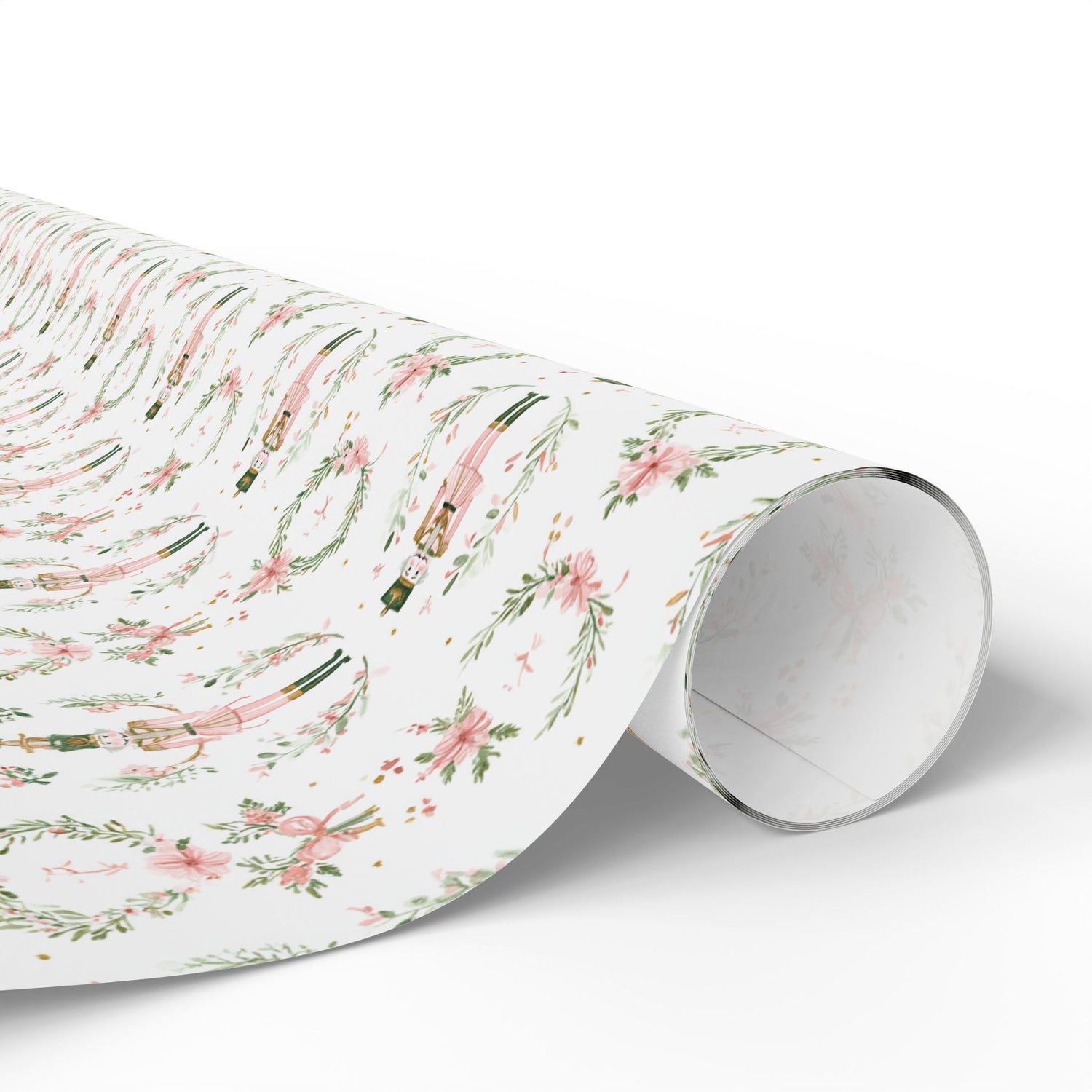 Roll of floral-patterned paper on a white background