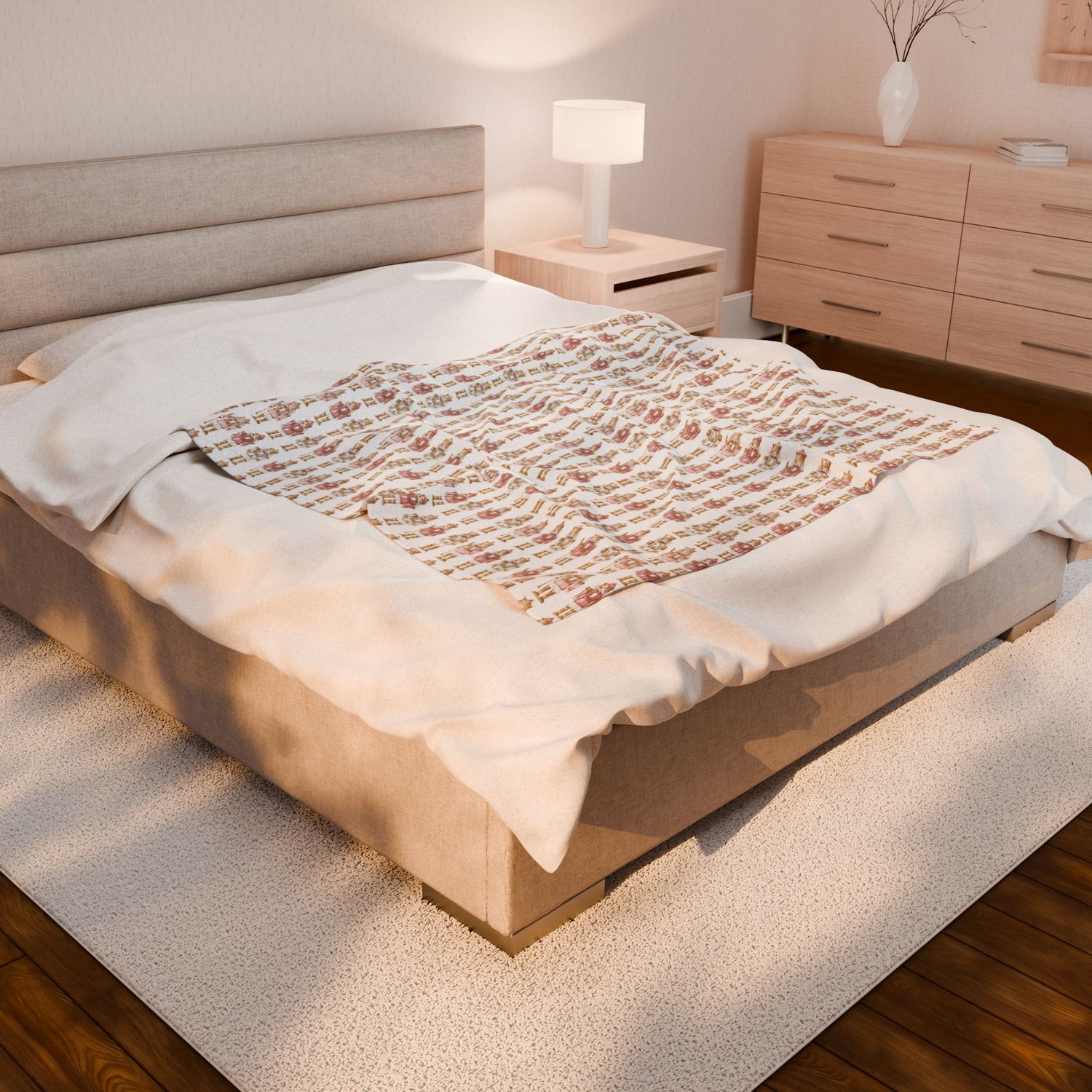 Bedroom with a neatly made bed, nightstand, and dresser.