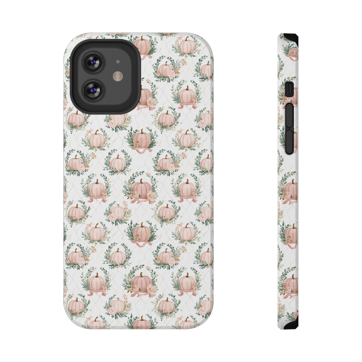 Phone case with pink pumpkins and green leaves on a white background
