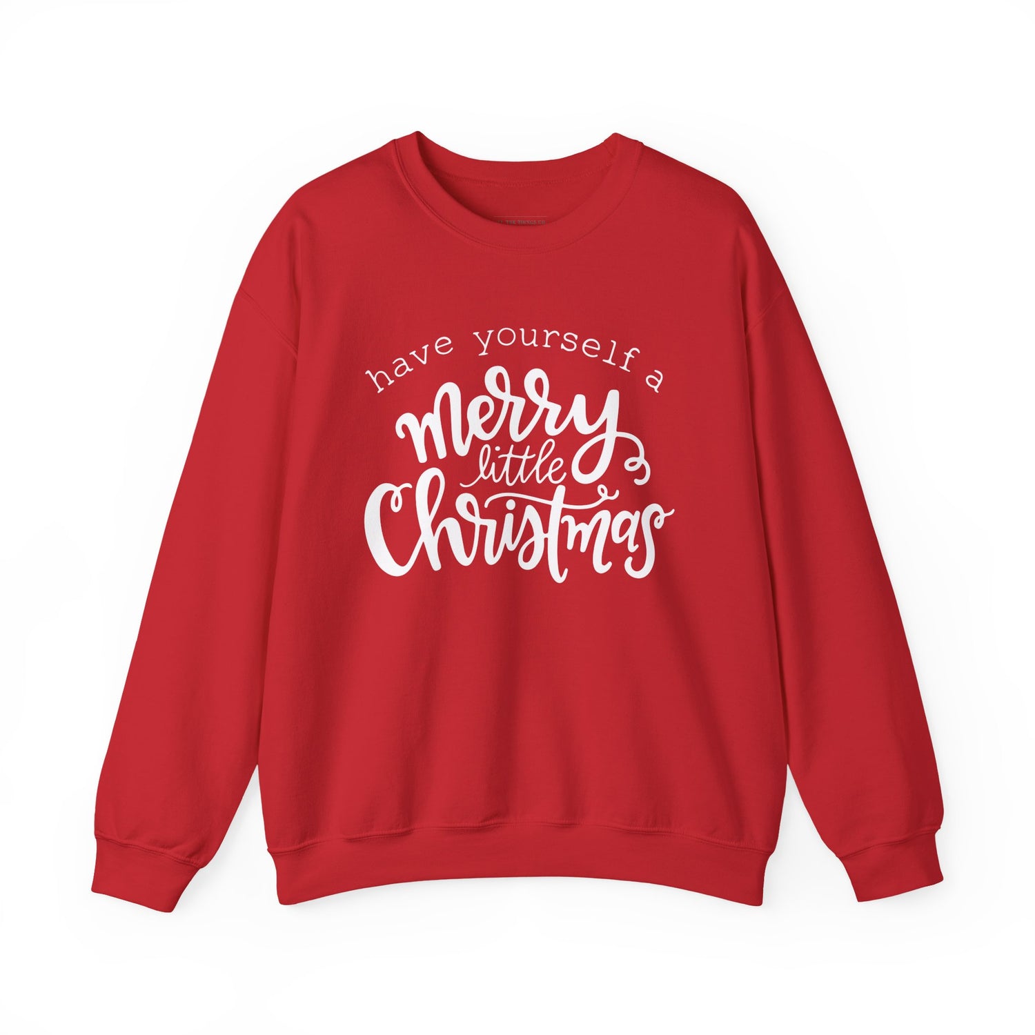 Red sweatshirt with 'have yourself a merry little Christmas' text on a white background