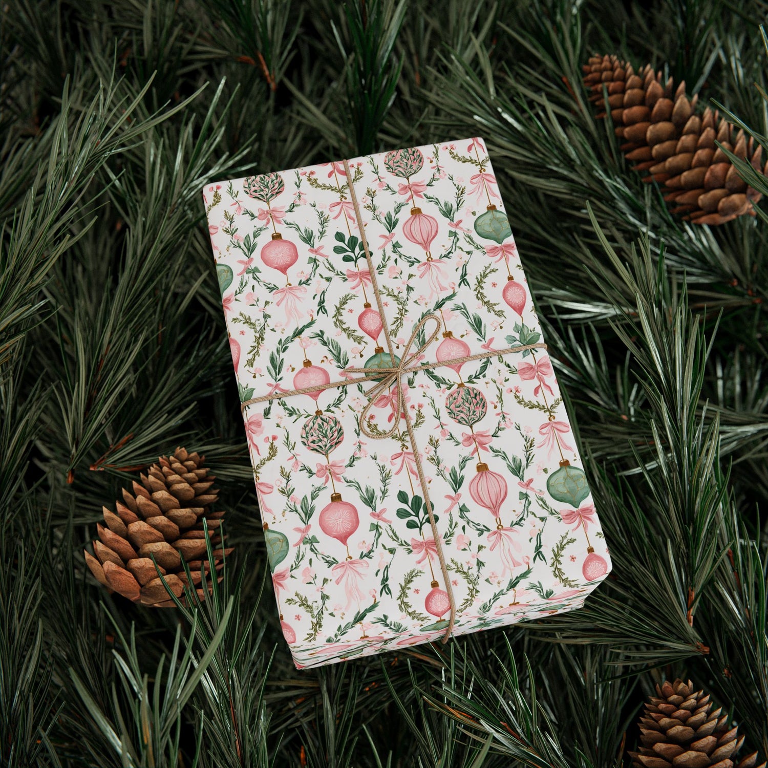 Premium Wrapping Paper- Pink Green Ornaments