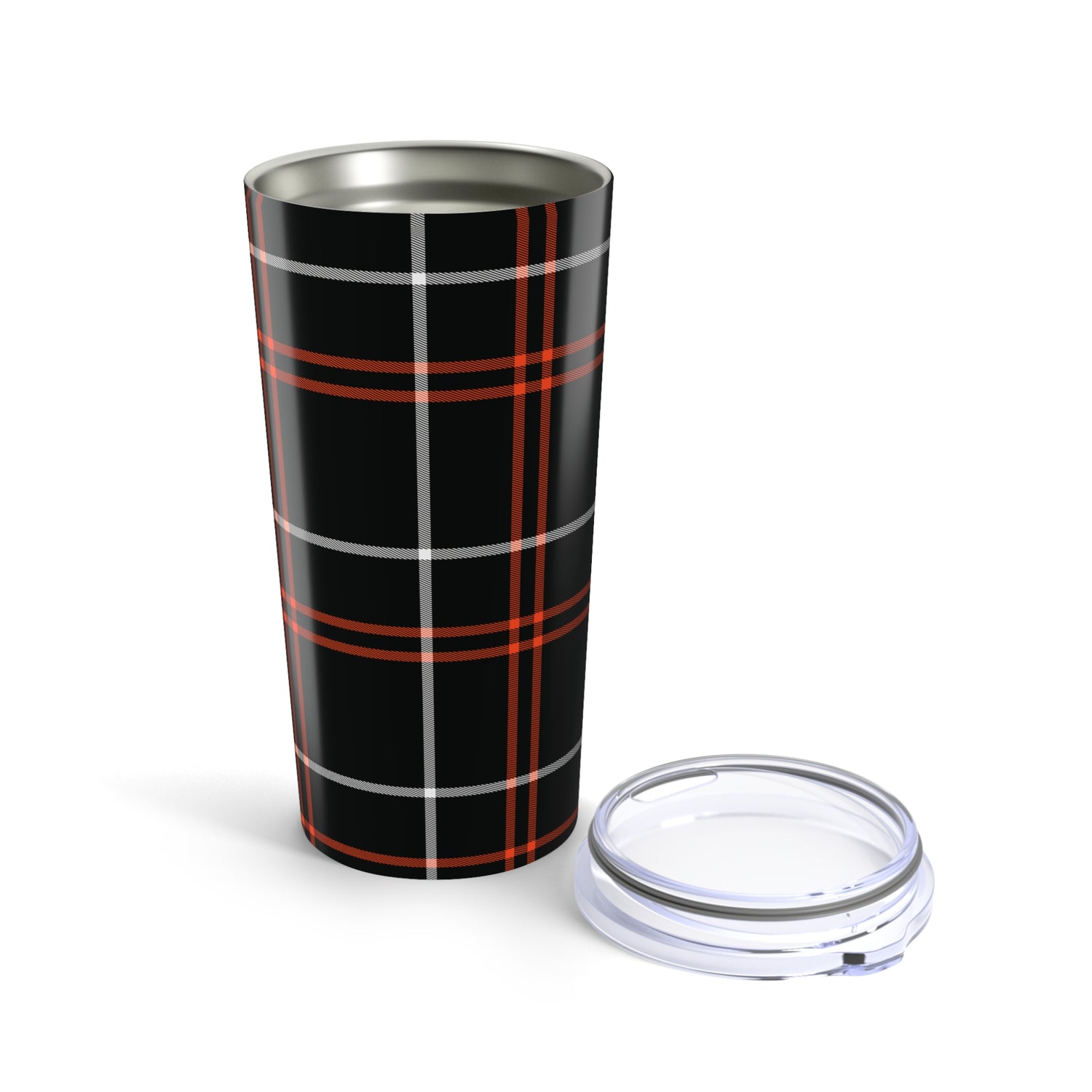 Tumbler with black and red plaid pattern on a white background