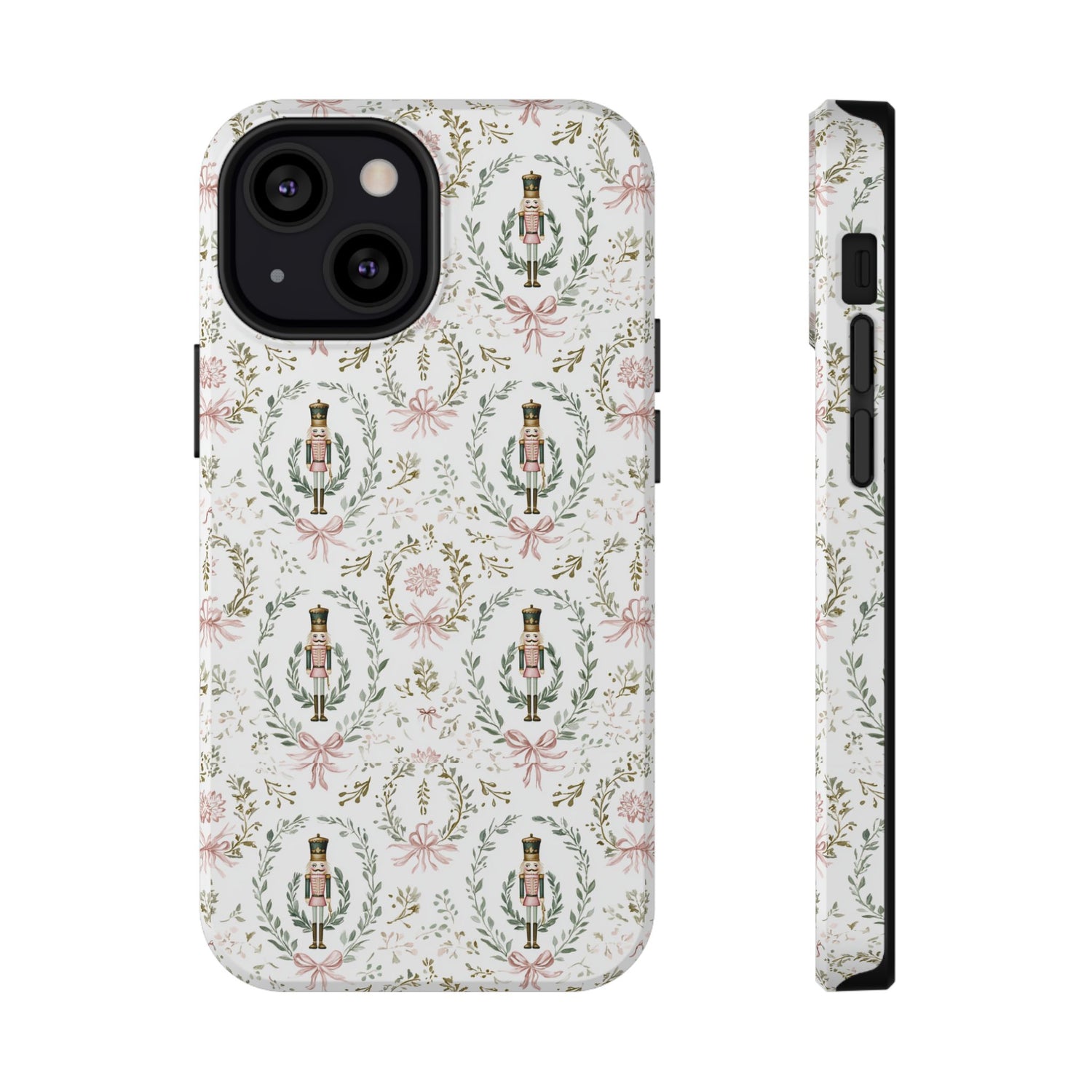 Phone case with decorative design featuring nutcrackers and floral elements on a white background