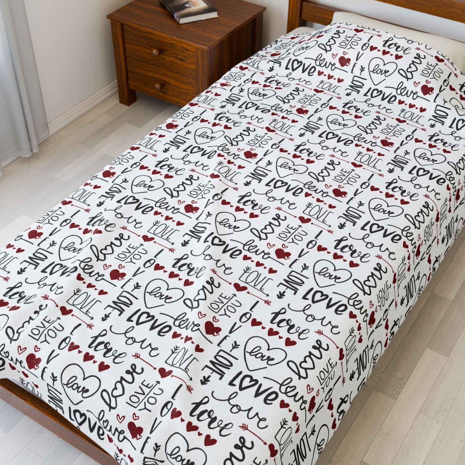 Cozy Love Print Velveteen Blanket - Valentine's Day Gift, Soft Luxury, Home Decor, Bedspread, Snuggle Throw