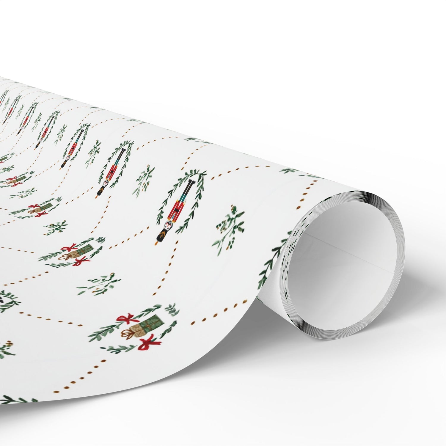 Roll of Christmas-themed wrapping paper on a white background