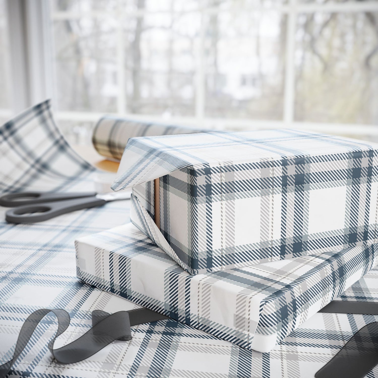 Premium Wrapping Paper -Grey Blue Plaid