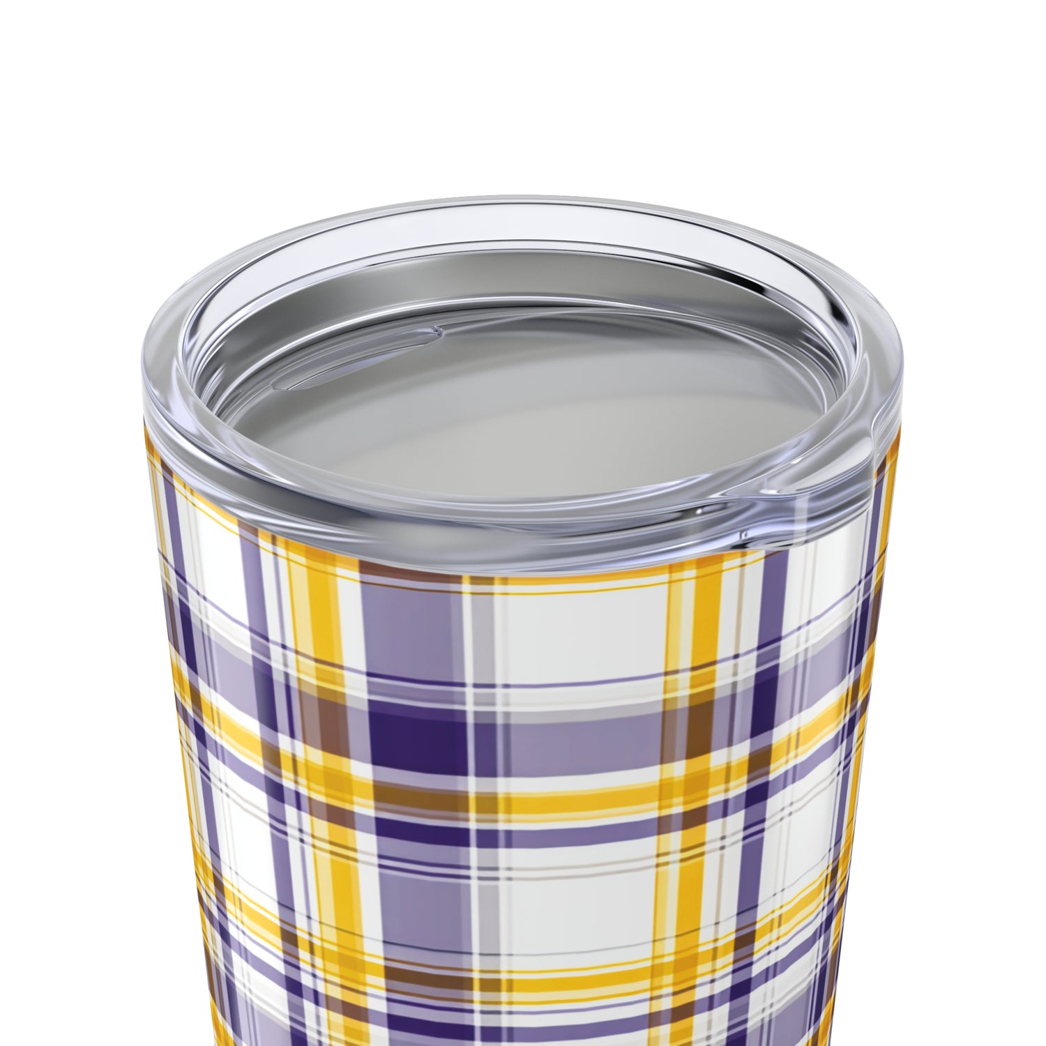 Tumbler with plaid pattern and silver lid on a white background
