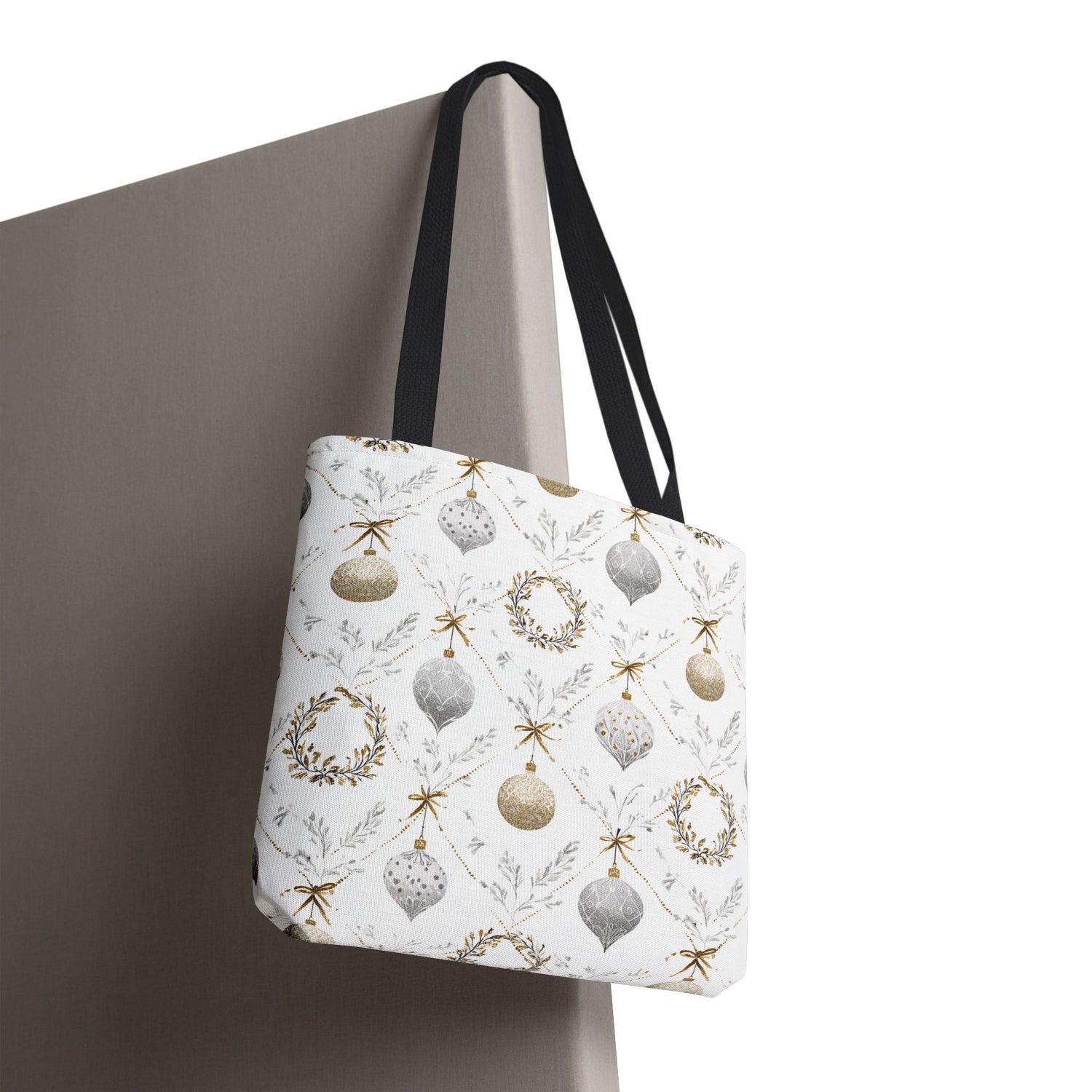 Tote bag with decorative pattern of ornaments and wreaths on a plain background