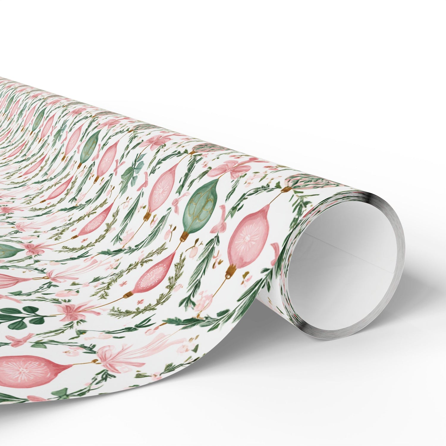 Roll of floral-patterned paper on a white background
