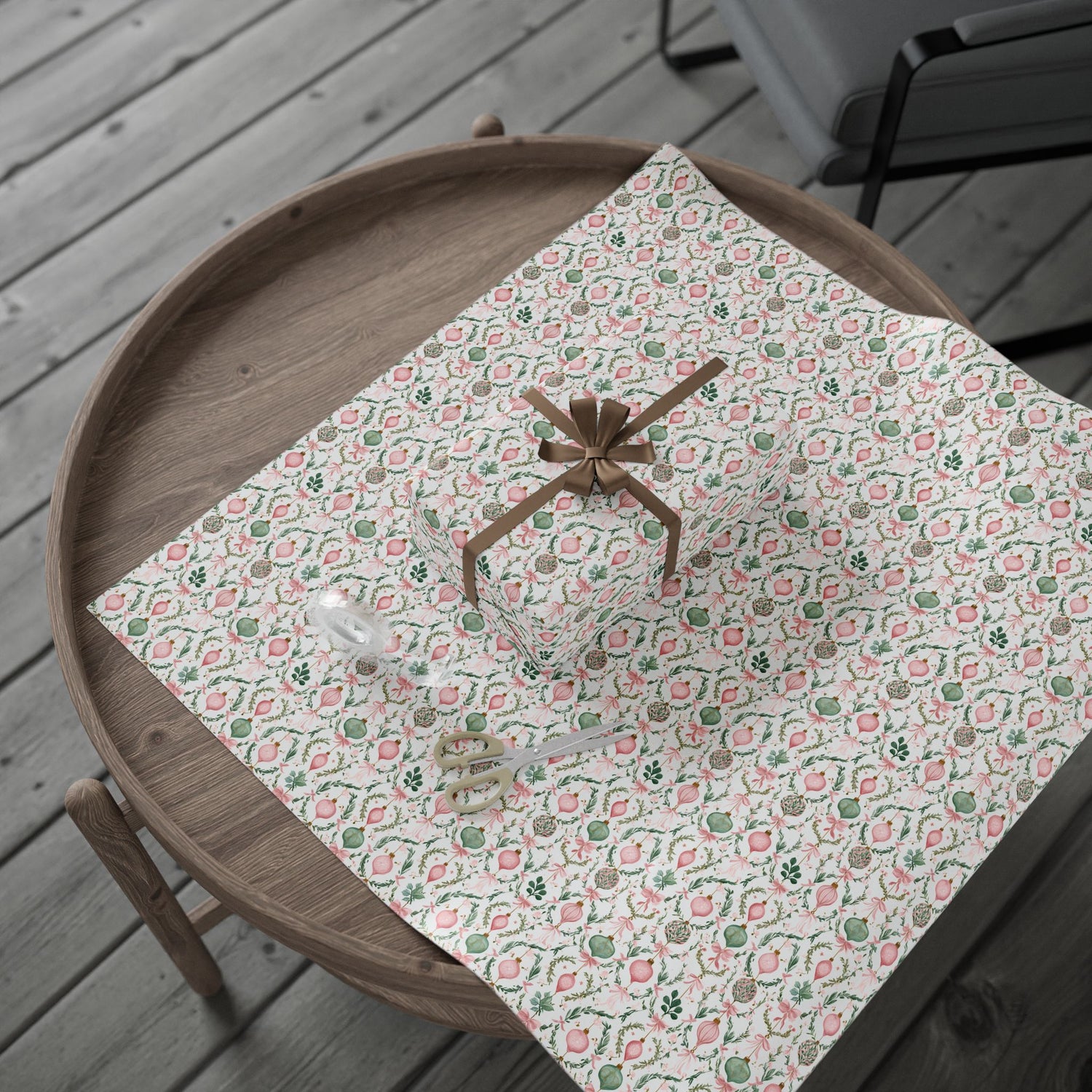 Wooden tray with a floral-patterned cloth on a wooden surface