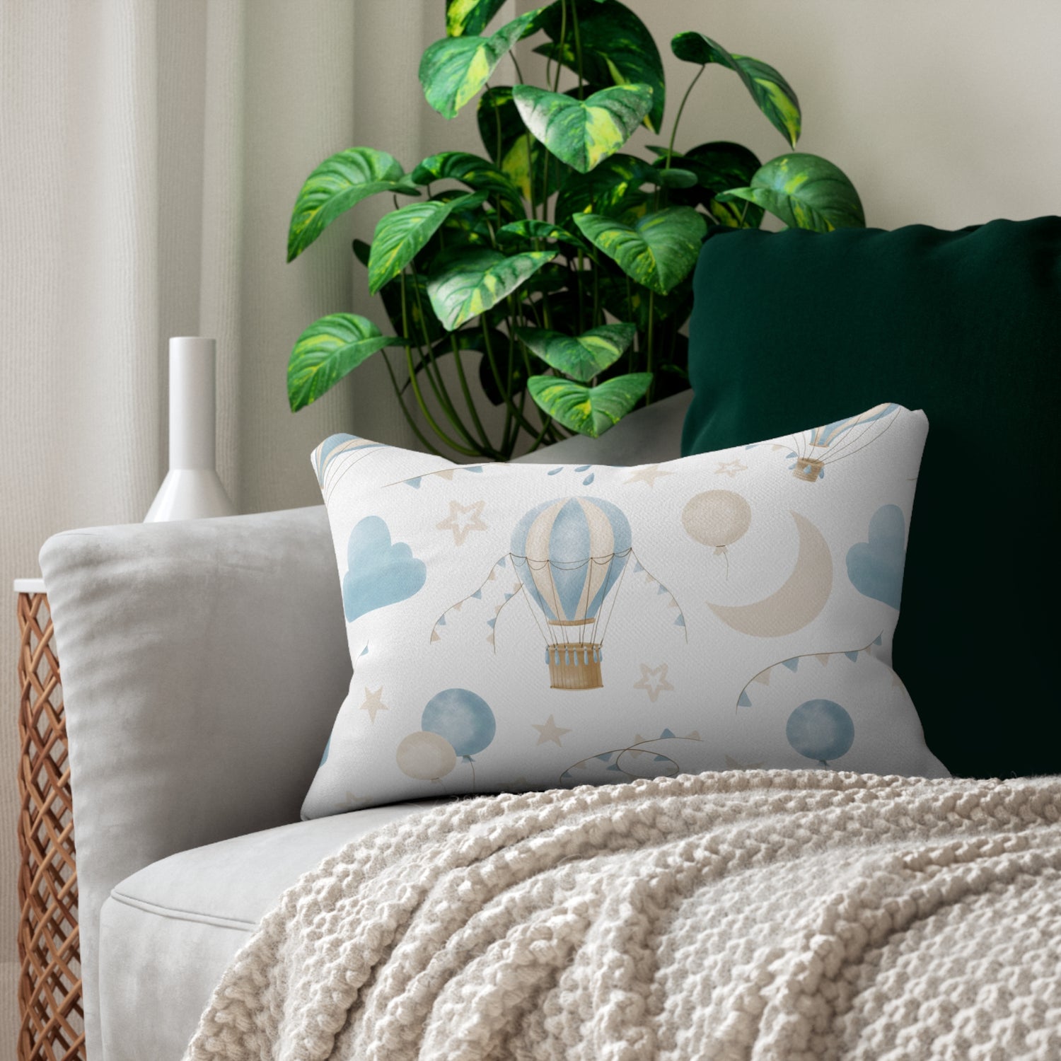 Spun Polyester Lumbar Pillow with Removable Cover Watercolor Balloon Clouds Blue