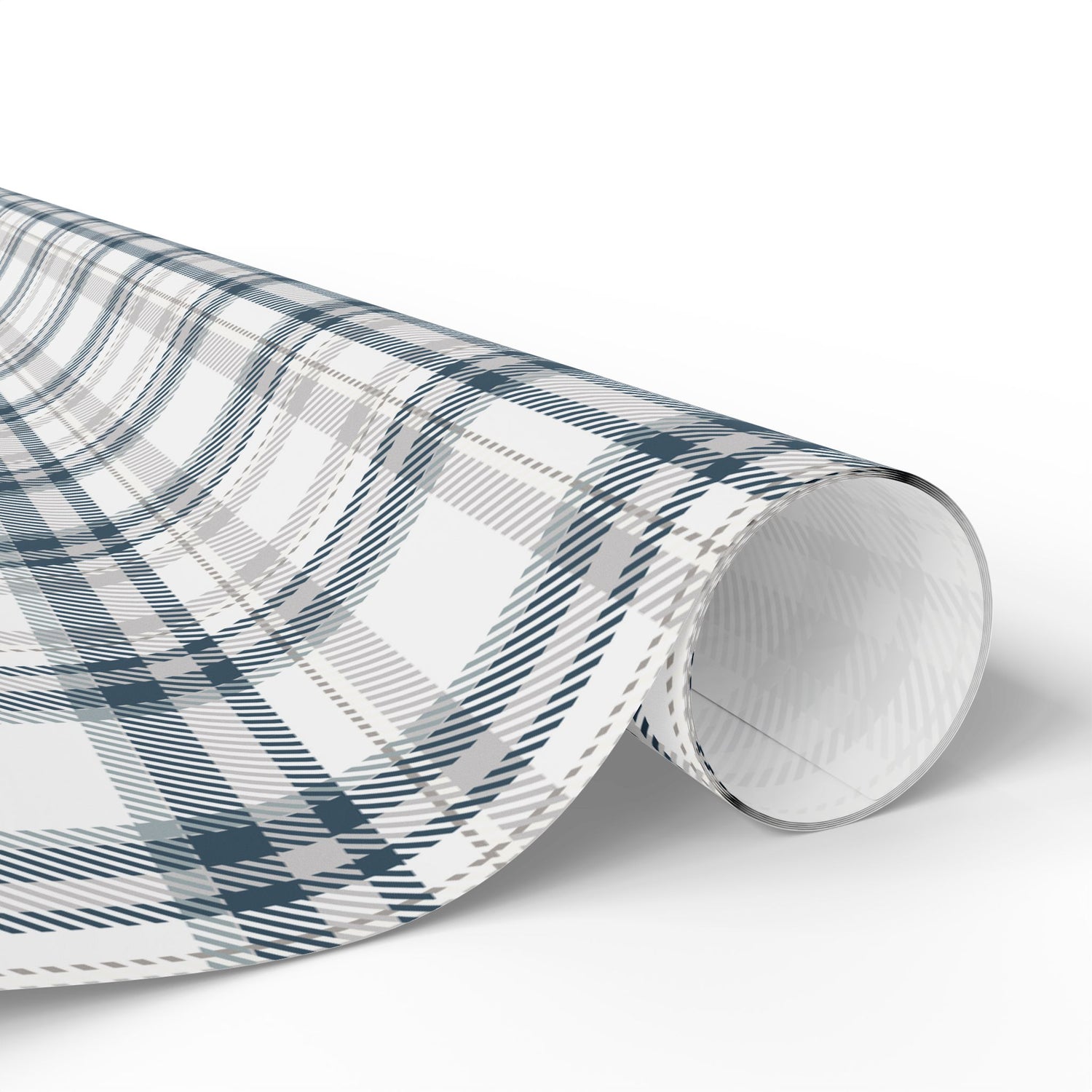 Roll of plaid patterned paper on a white background