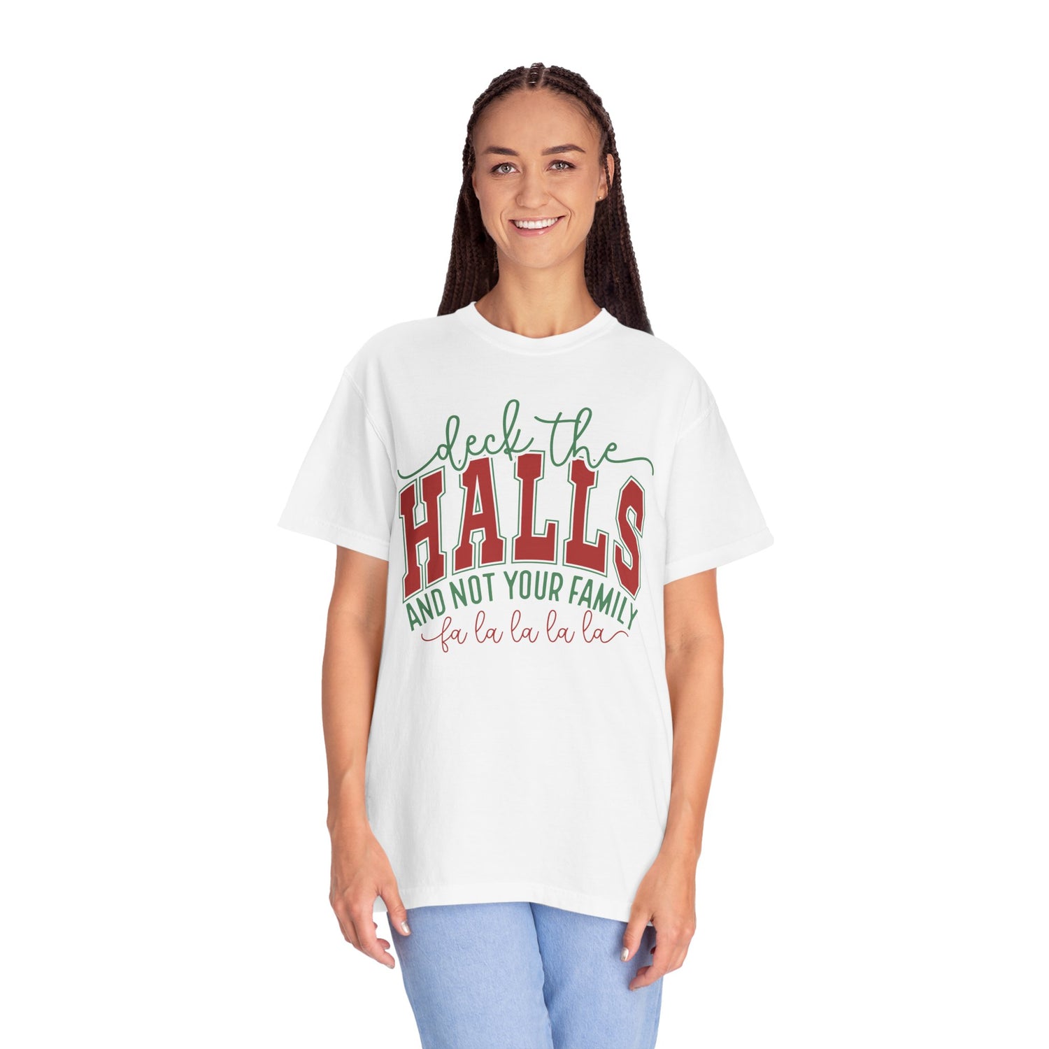 Person wearing a white t-shirt with Christmas-themed text on a white background