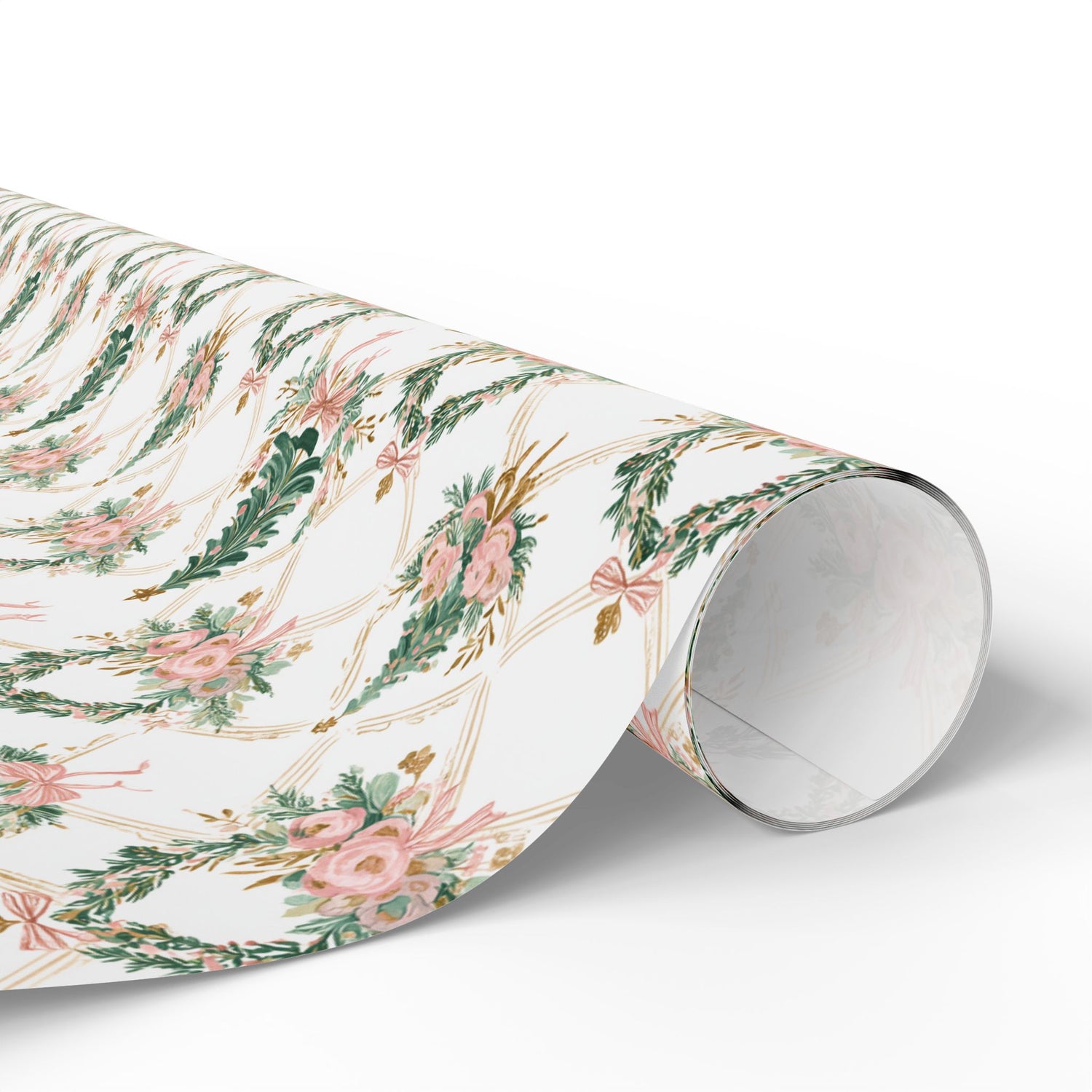 Roll of floral-patterned paper on a white background