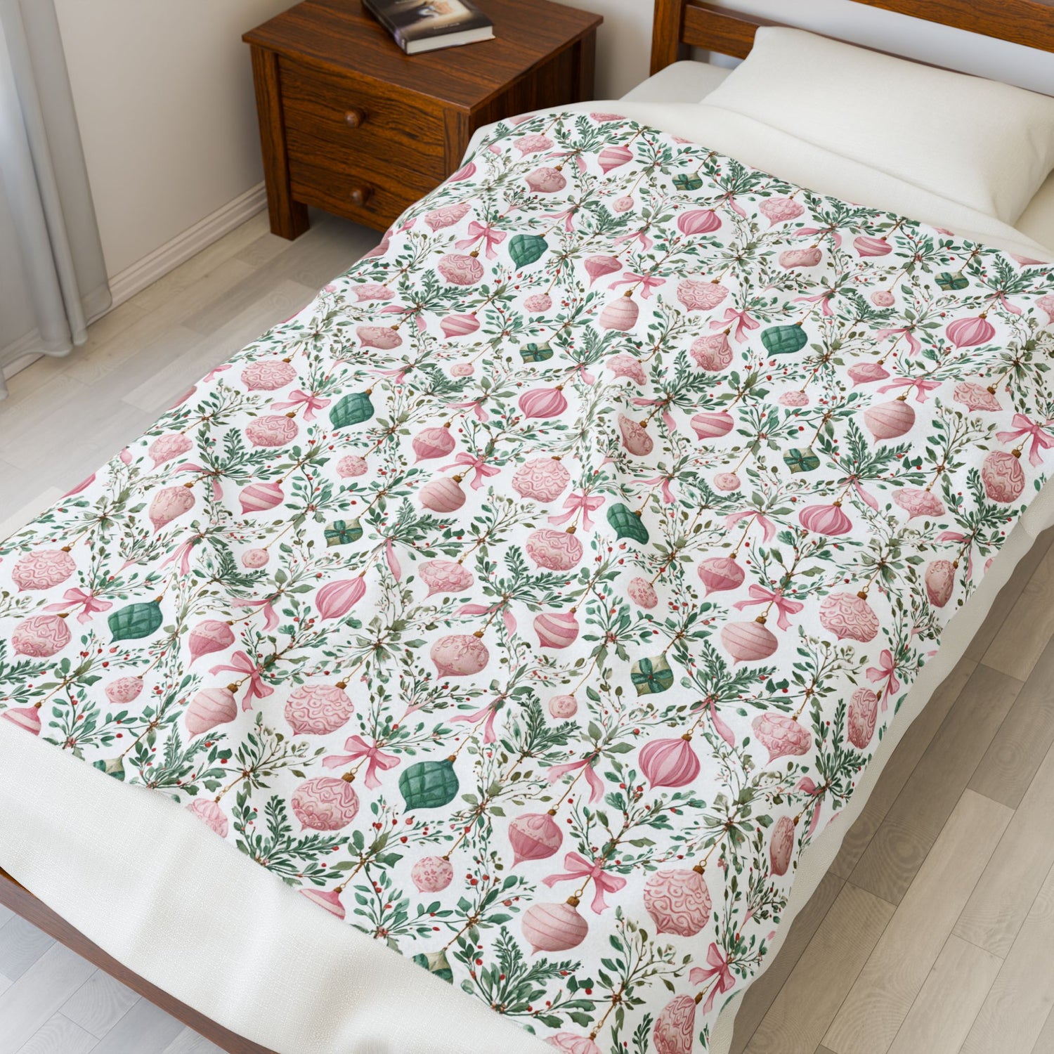 Pink Green Ornaments Velveteen Blanket