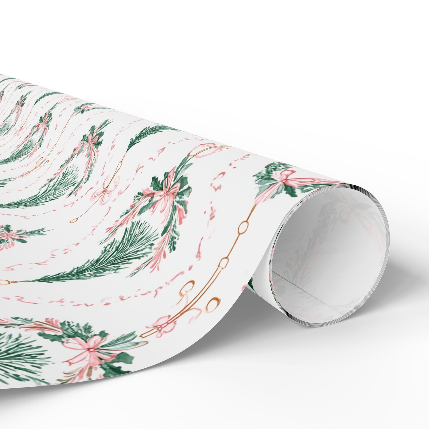 Roll of decorative paper with floral and ribbon pattern on a white background