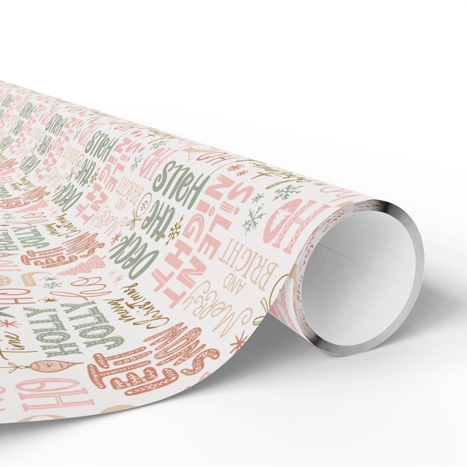 Roll of decorative paper with colorful text and patterns on a white background