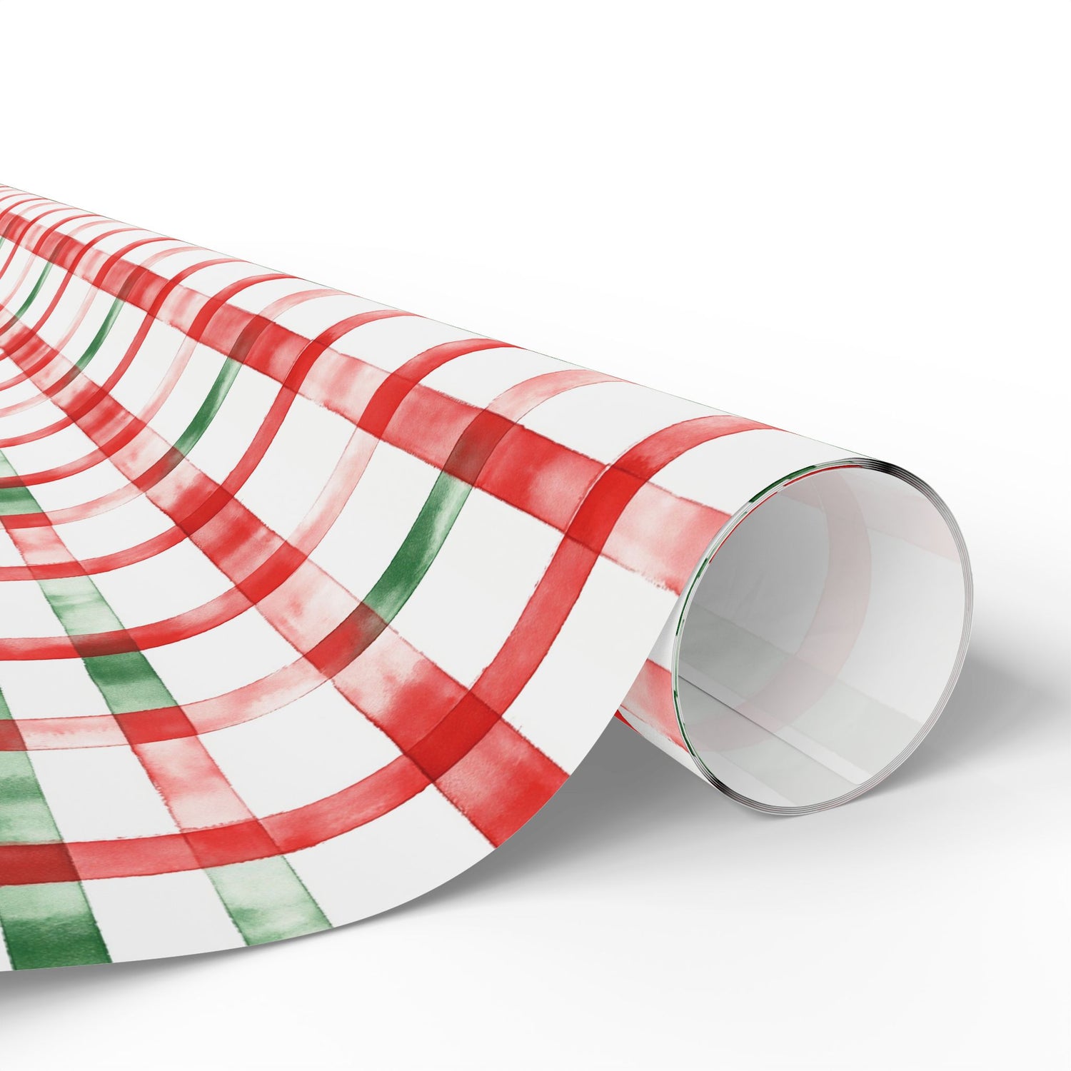 Roll of red, green, and white checkered paper on a white background