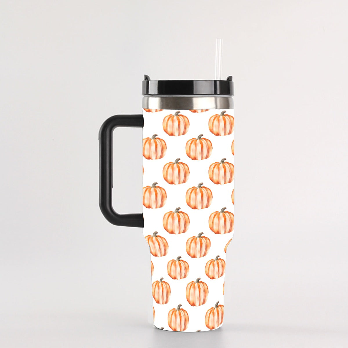 Watercolor Orange Pumpkin 40 oz Tumbler With Handle - Insulated Stainless Steel Cup with Straw, Leak-Proof Lid
