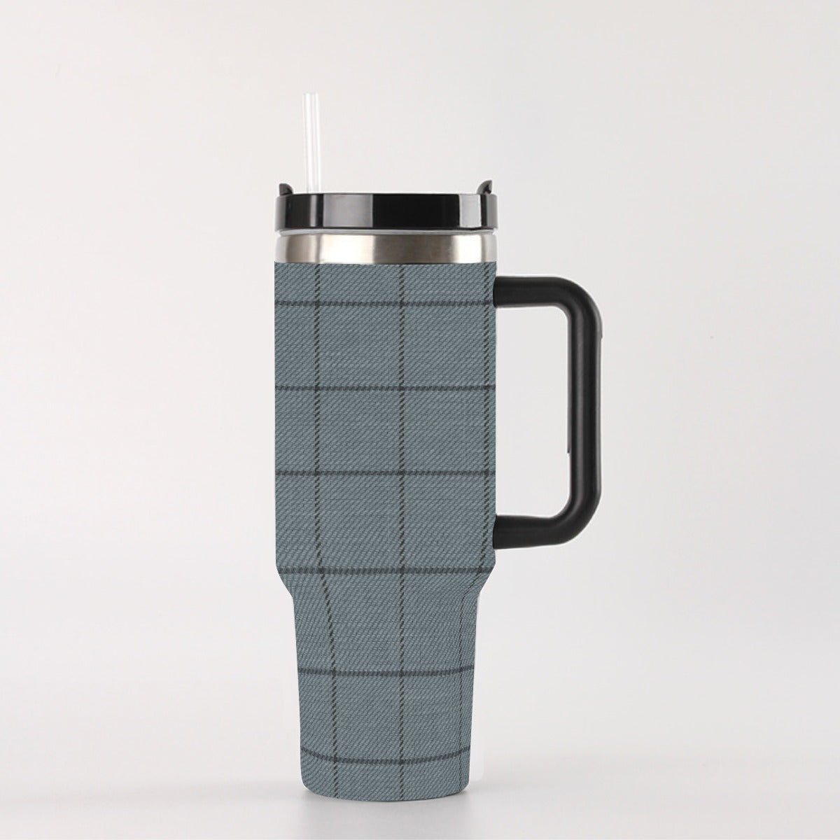 40 oz Tumbler With Handle - Leak-Proof Insulated Cup with Straw, Blue/Black Check Design for Travel & Gym