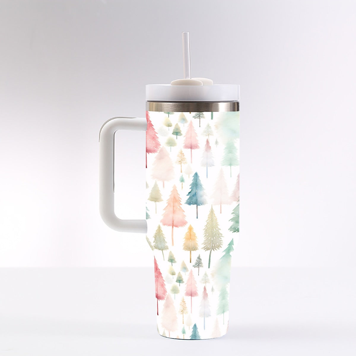 Pastel Christmas Trees 40 oz Tumbler With Handle, Insulated Cup with Straw, Leak-Proof Lid, Reusable Stainless Steel