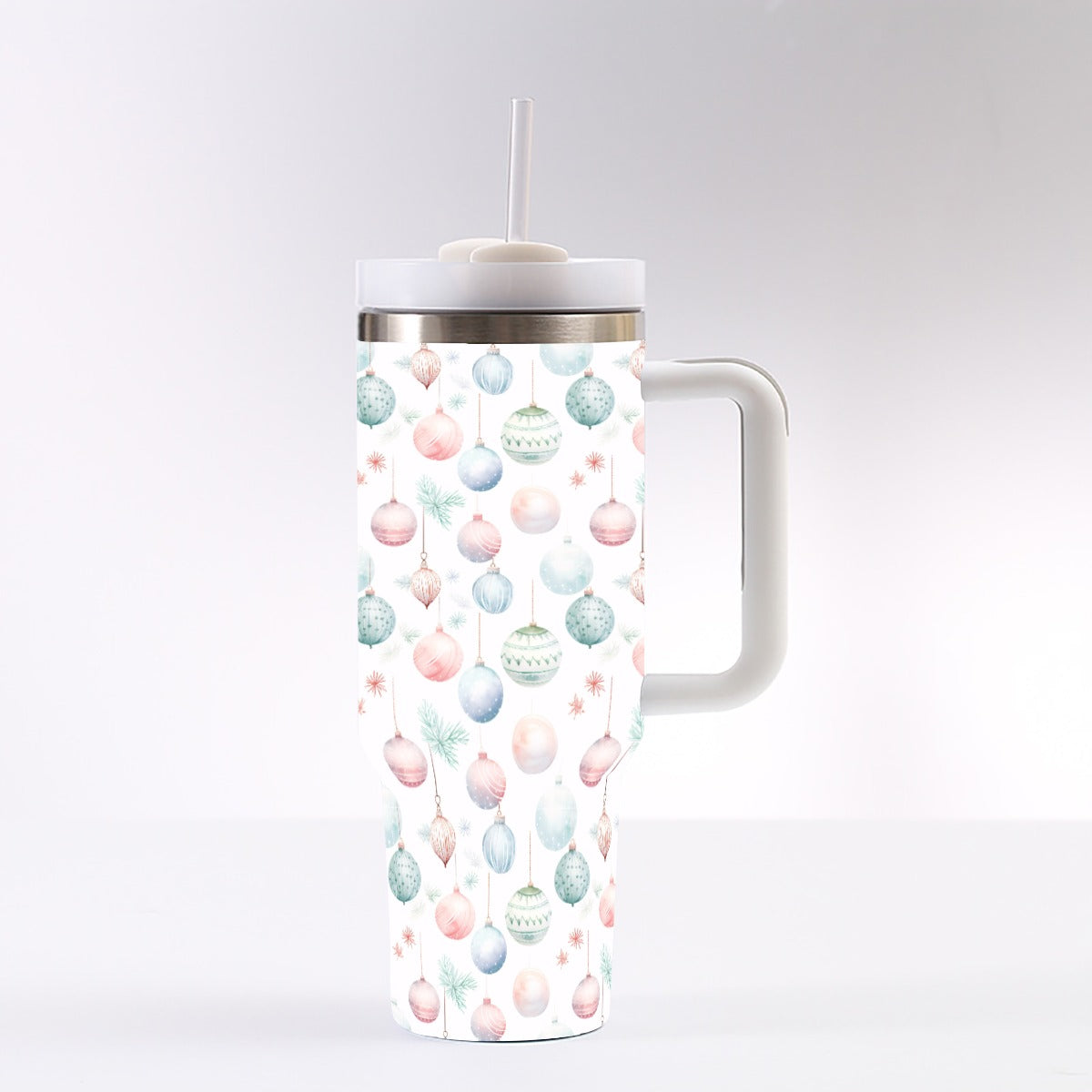 Pastel Ornaments 40 oz Tumbler With Handle - Leak-Proof Reusable Insulated Cup with Straw, 304 Stainless Steel