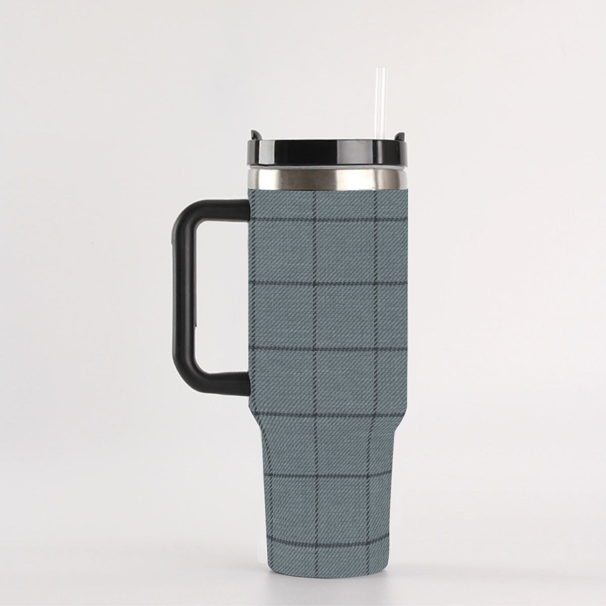 40 oz Tumbler With Handle - Leak-Proof Insulated Cup with Straw, Blue/Black Check Design for Travel & Gym