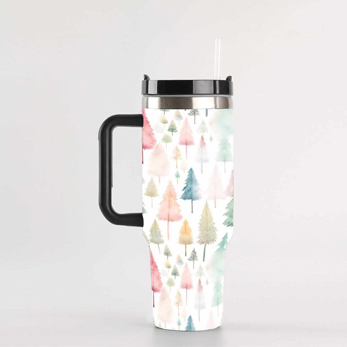 Pastel Christmas Trees 40 oz Tumbler With Handle, Insulated Cup with Straw, Leak-Proof Lid, Reusable Stainless Steel