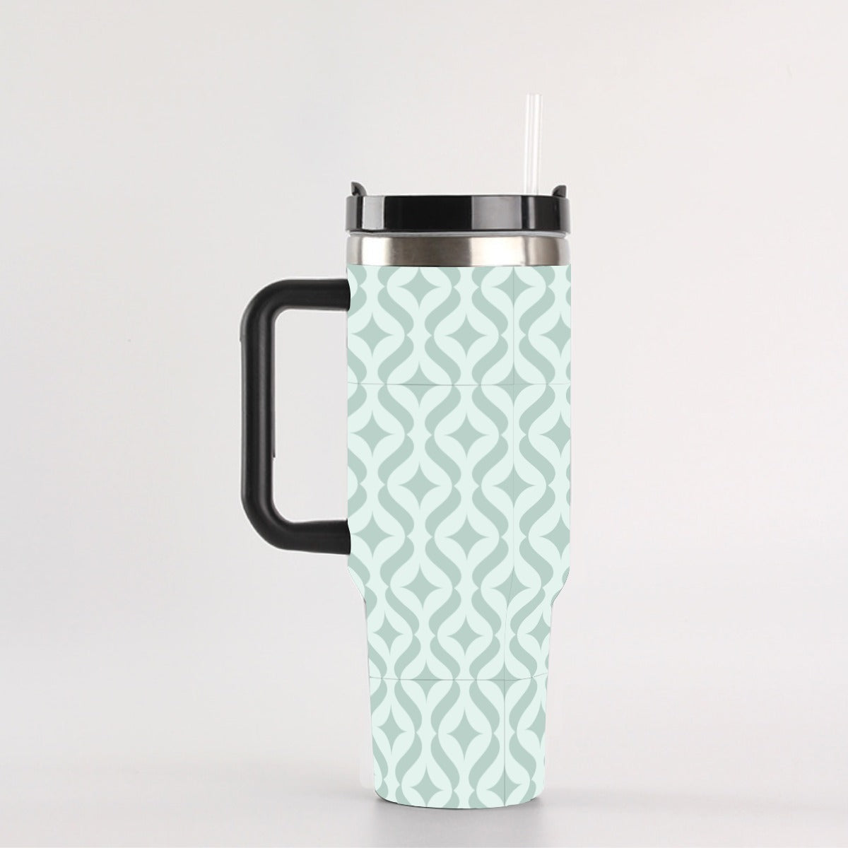 40 oz Tumbler With Handle - Green Tonal Geometric Design, Leak-Proof with Straw & Silicone Lid, Insulated Stainless Steel Cup for Travel & Gym