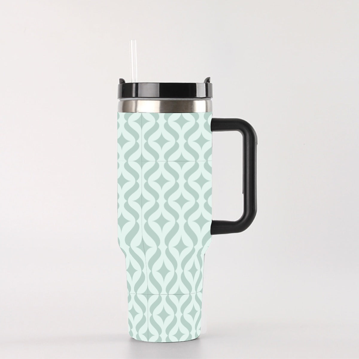 40 oz Tumbler With Handle - Green Tonal Geometric Design, Leak-Proof with Straw & Silicone Lid, Insulated Stainless Steel Cup for Travel & Gym