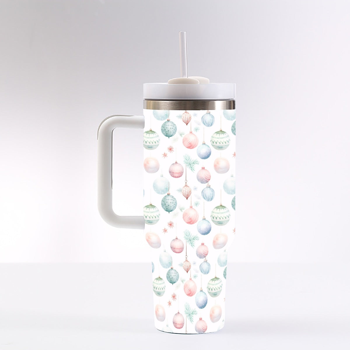 Pastel Ornaments 40 oz Tumbler With Handle - Leak-Proof Reusable Insulated Cup with Straw, 304 Stainless Steel