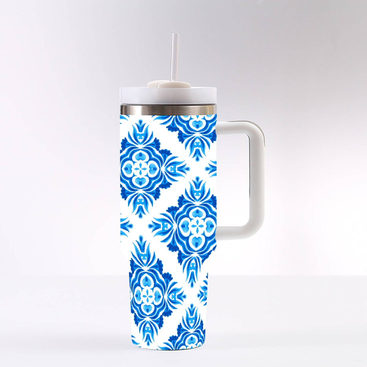 Bright Blue Floral 40 oz Tumbler With Handle