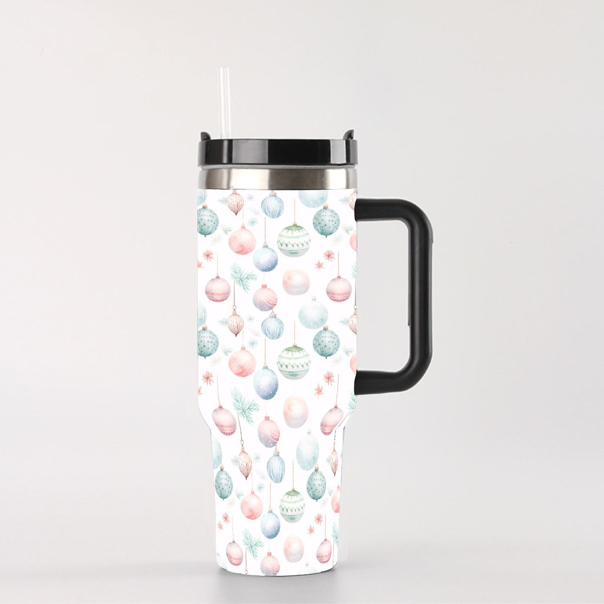 Pastel Ornaments 40 oz Tumbler With Handle - Leak-Proof Reusable Insulated Cup with Straw, 304 Stainless Steel