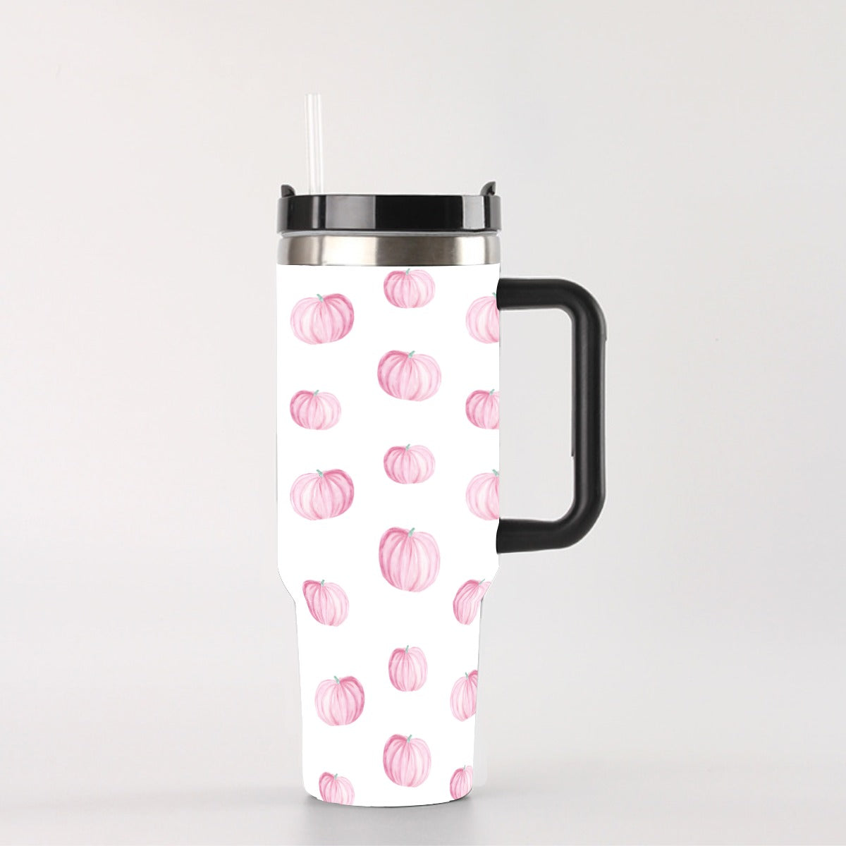 Watercolor Pink Pumpkin 40 oz Tumbler With Handle - Leak-Proof Insulated Cup with Straw, 304 Stainless Steel
