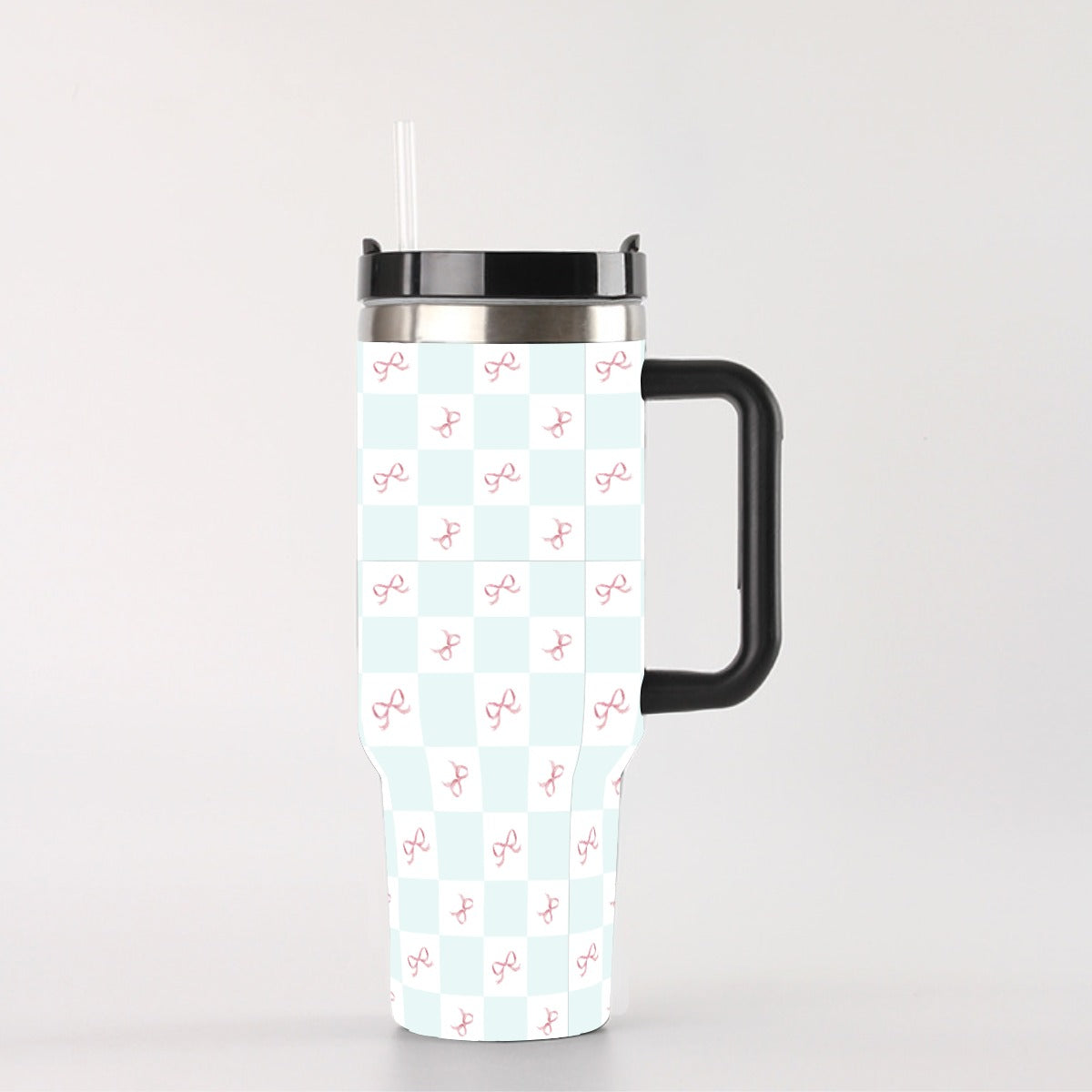 40 oz Tumbler With Handle - Coquette Bow Checks, Leak-Proof Insulated Cup with Straw and Silicone Lid, 304 Stainless Steel
