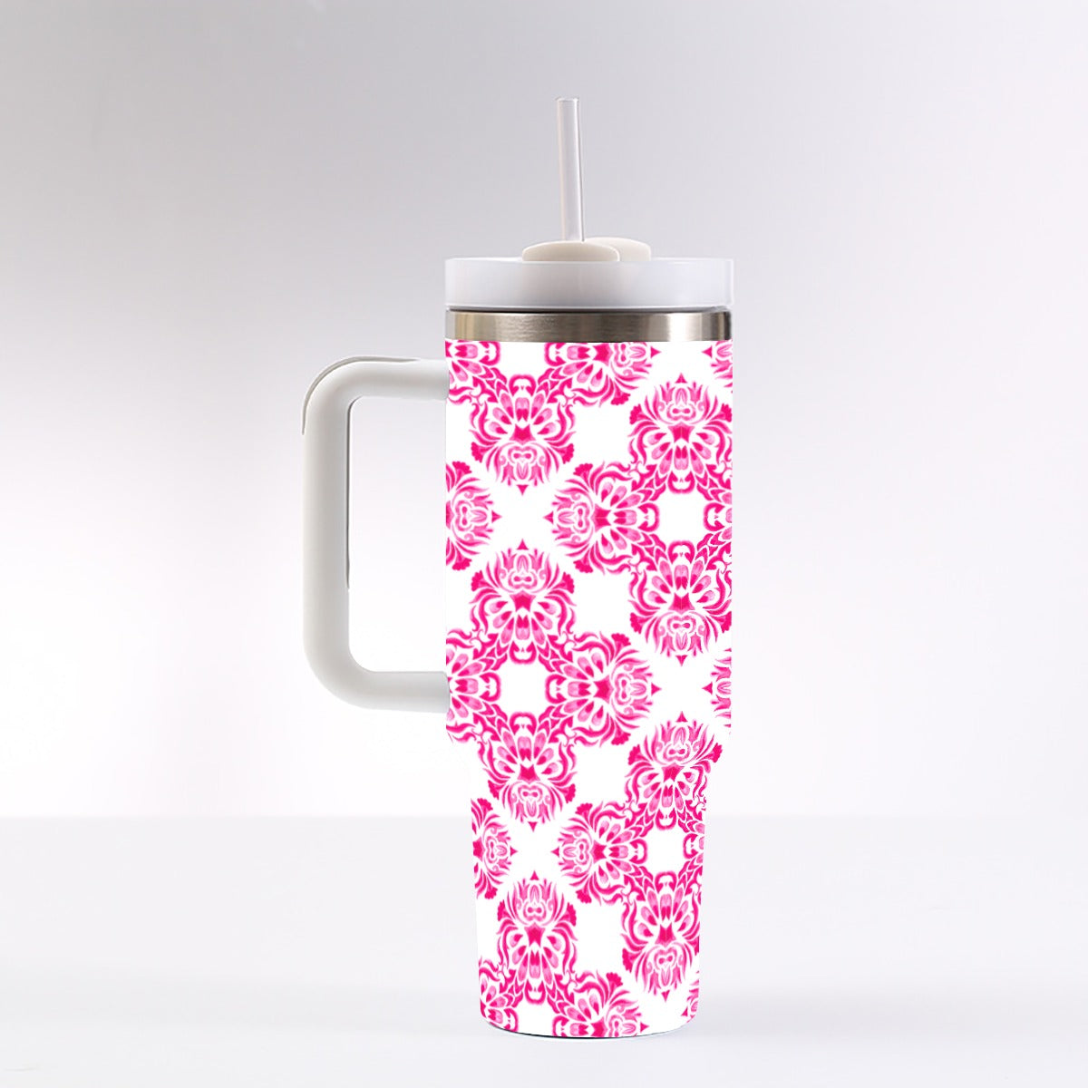 Bright Pink Floral 40 oz Tumbler With Handle
