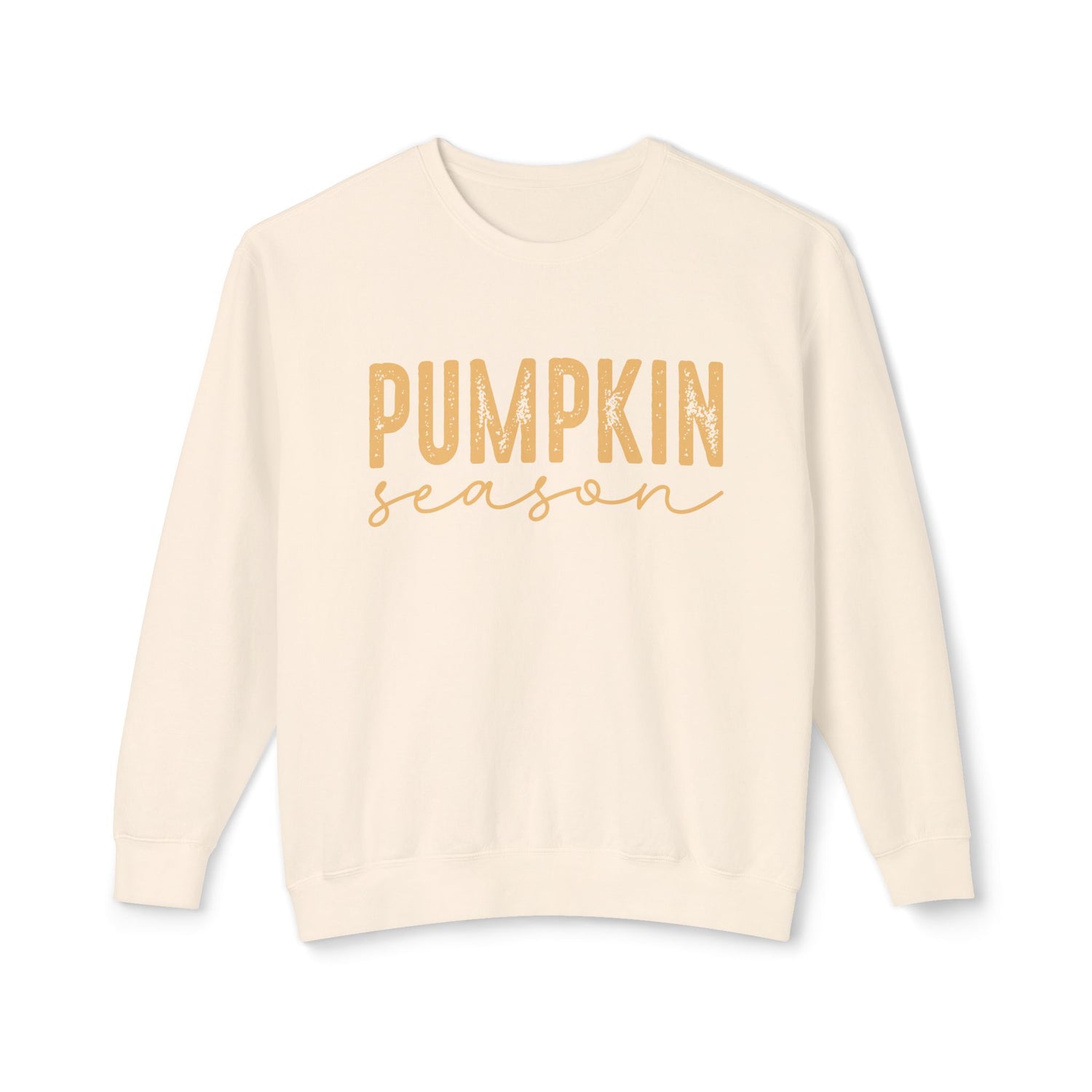 Beige sweatshirt with 'Pumpkin Season' text on a white background